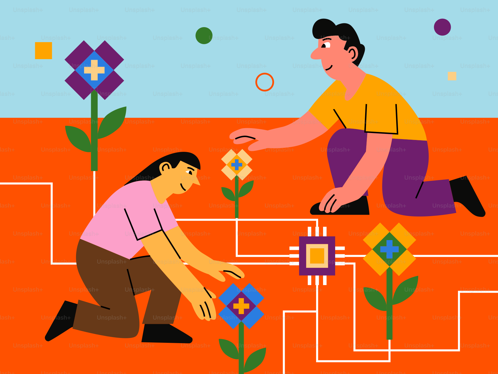 Two people planting colorful digital flowers