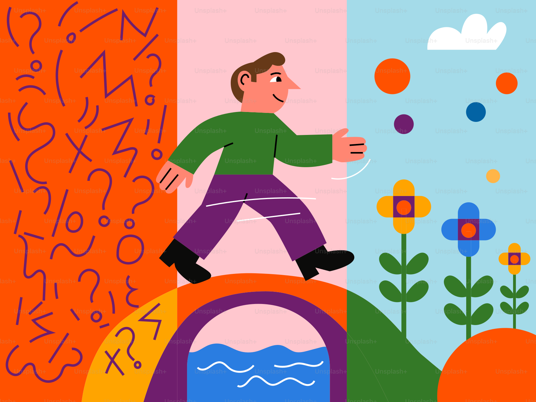 Man walks across bridge from chaos to nature.