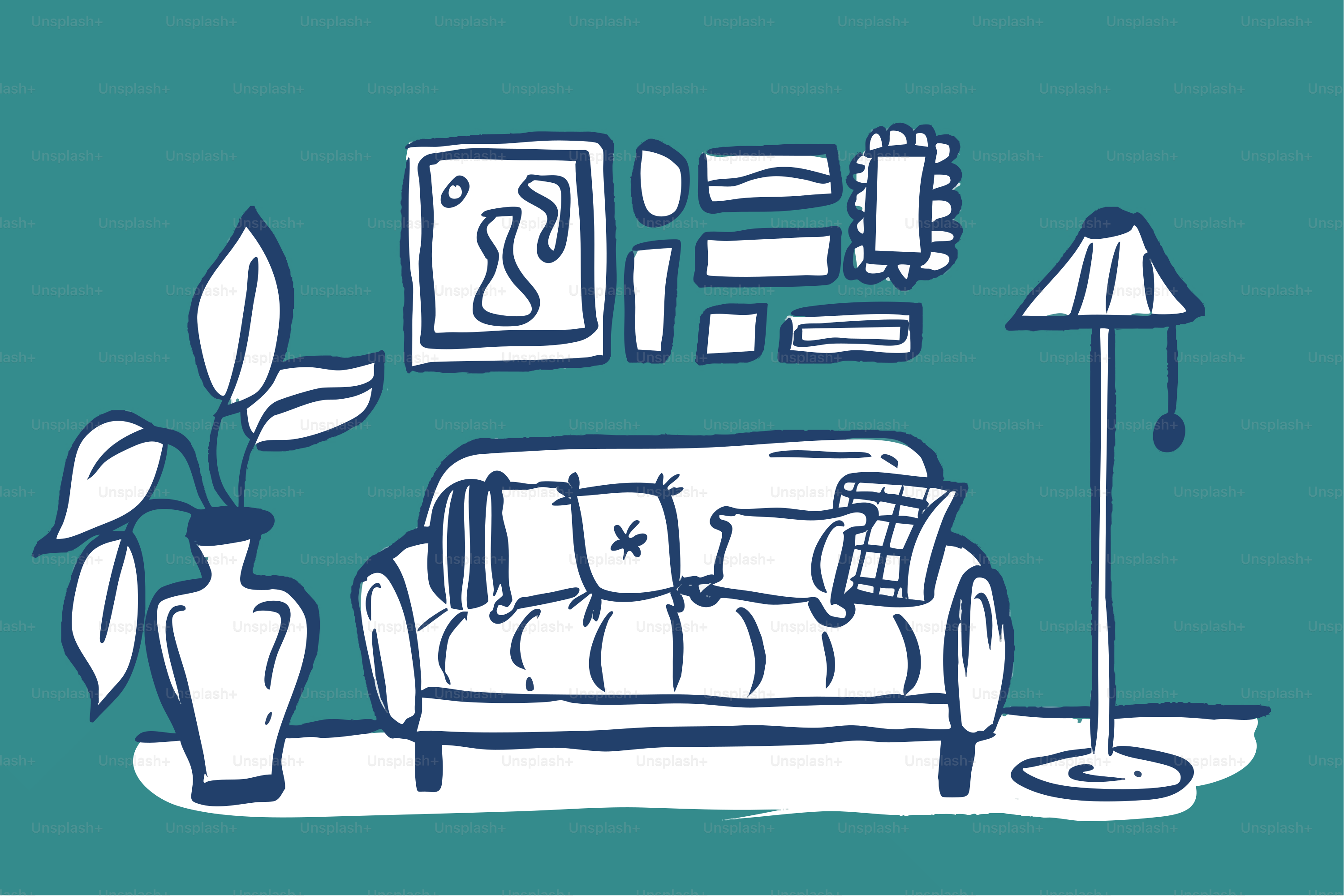 Sofa with pillows, plant, lamp, and wall art.