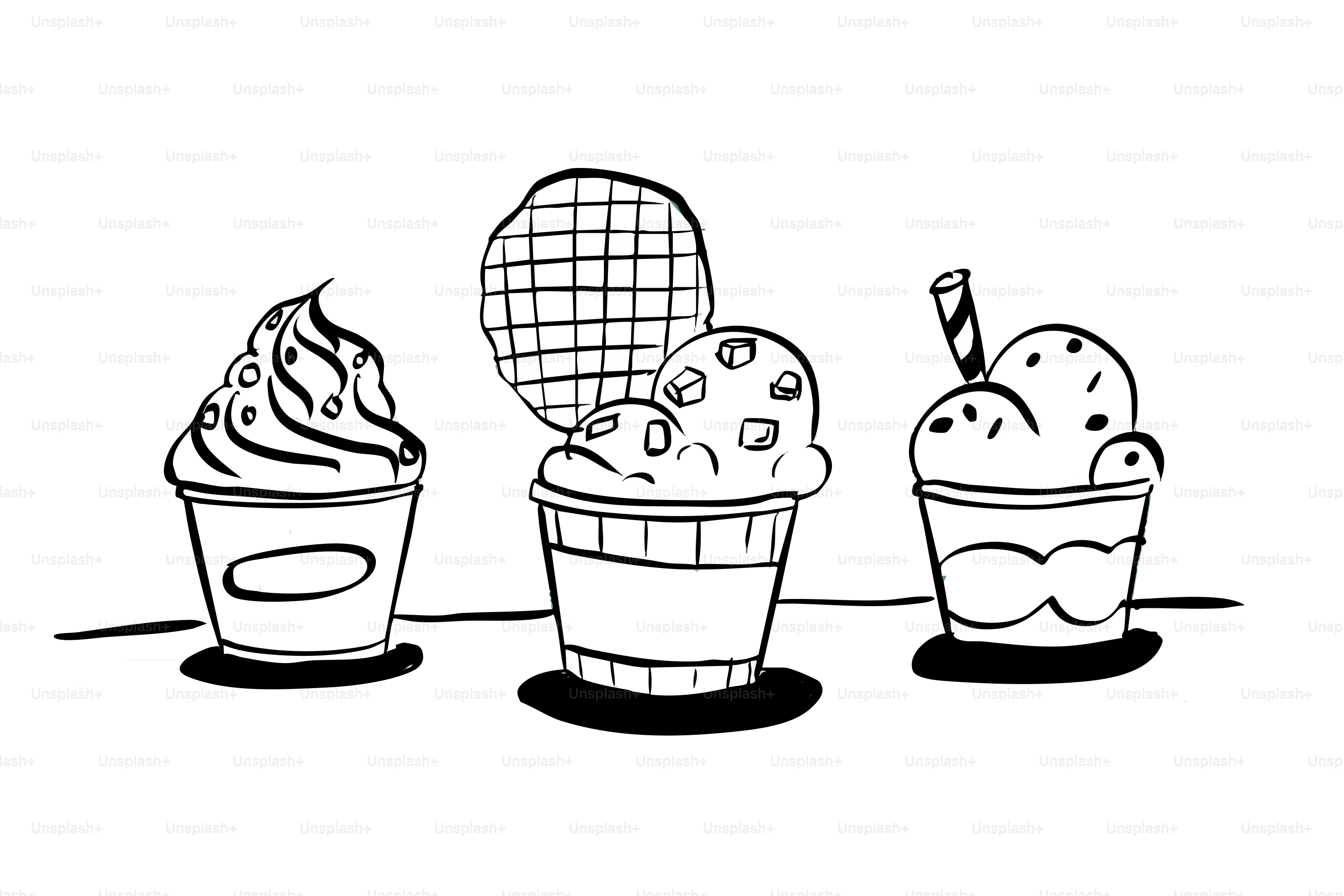 Tiga cangkir es krim dengan topping.