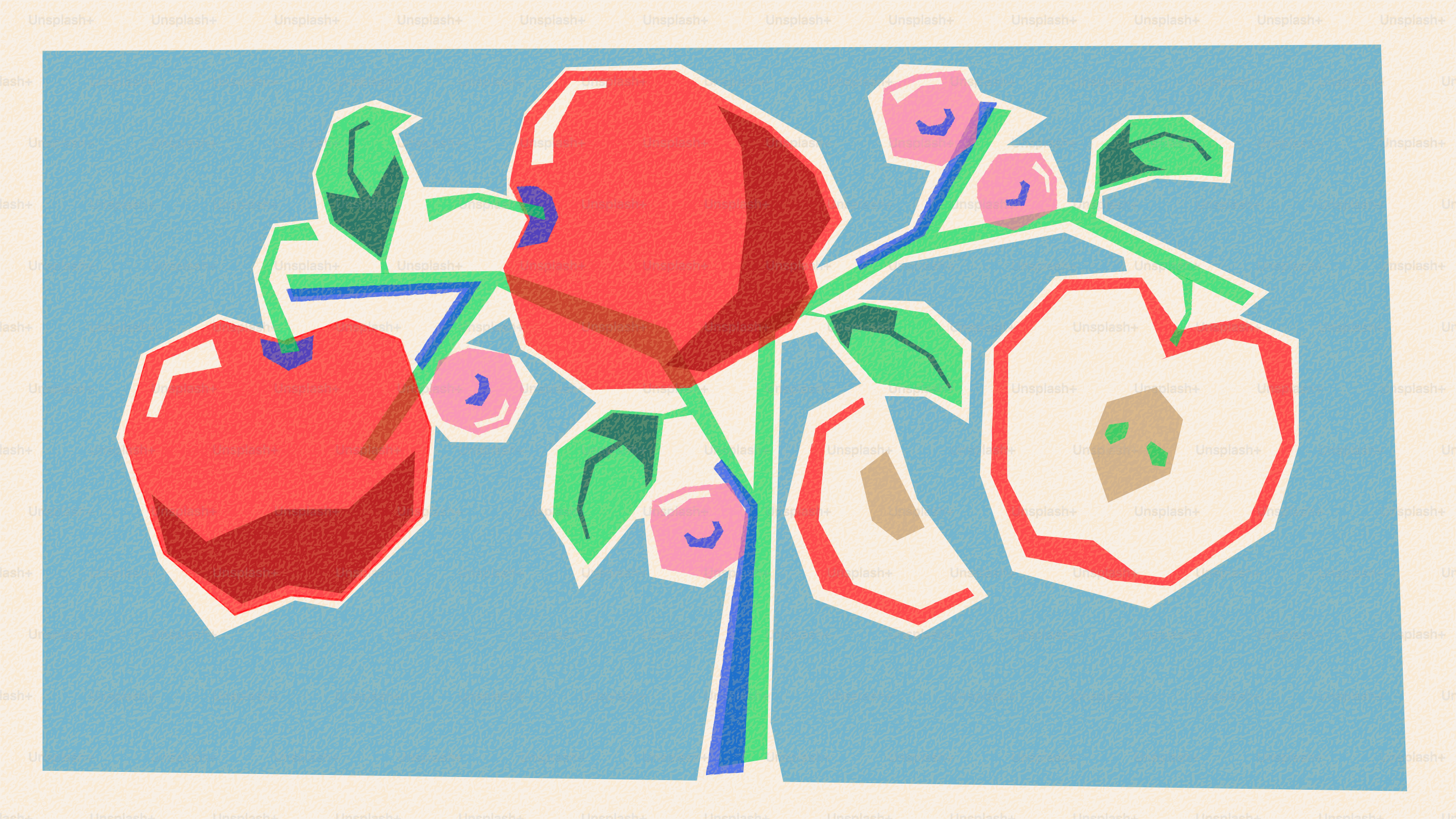 Manzanas y bayas estilizadas en una rama.