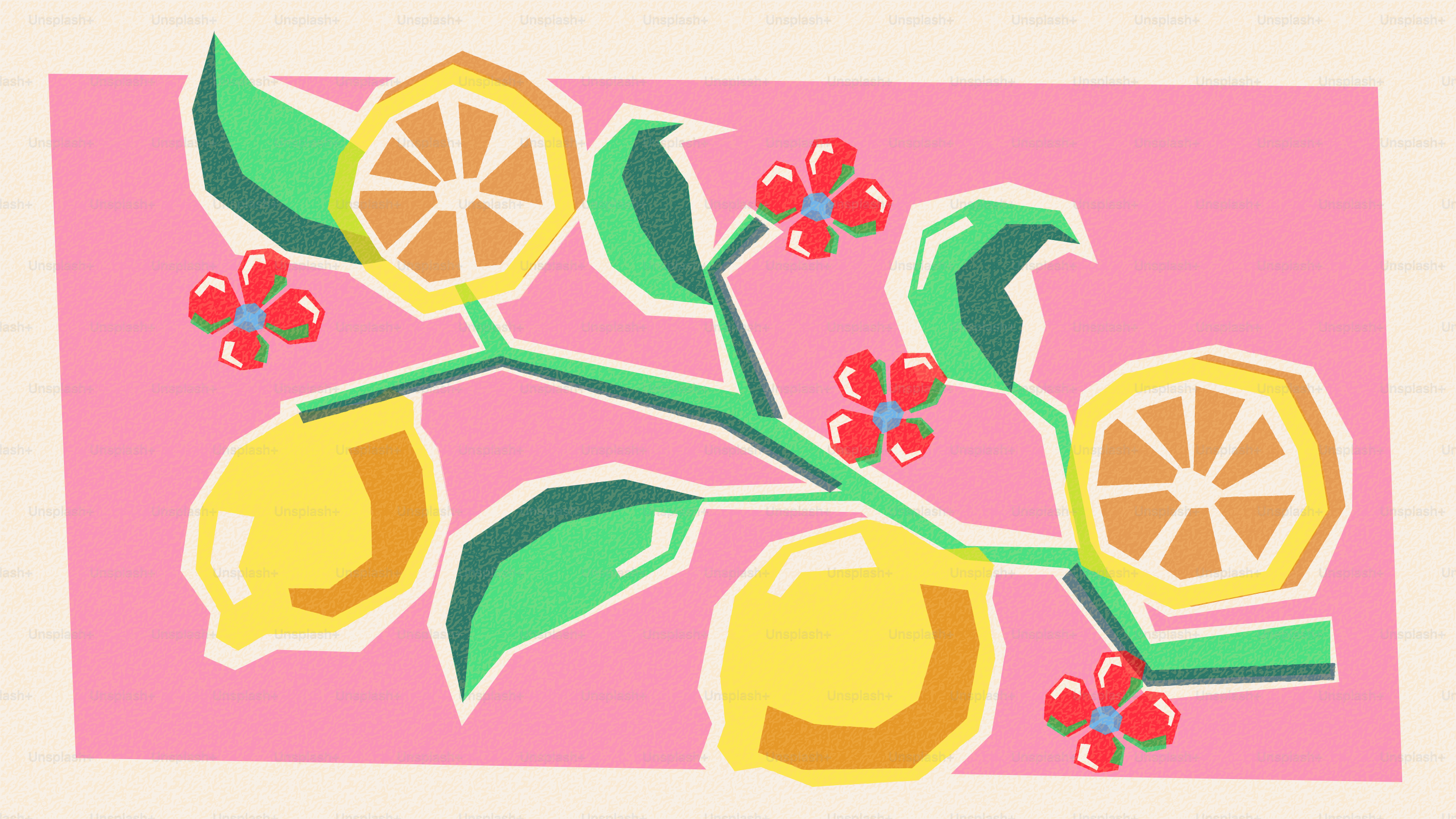 A stylized branch with lemons, leaves, and flowers.
