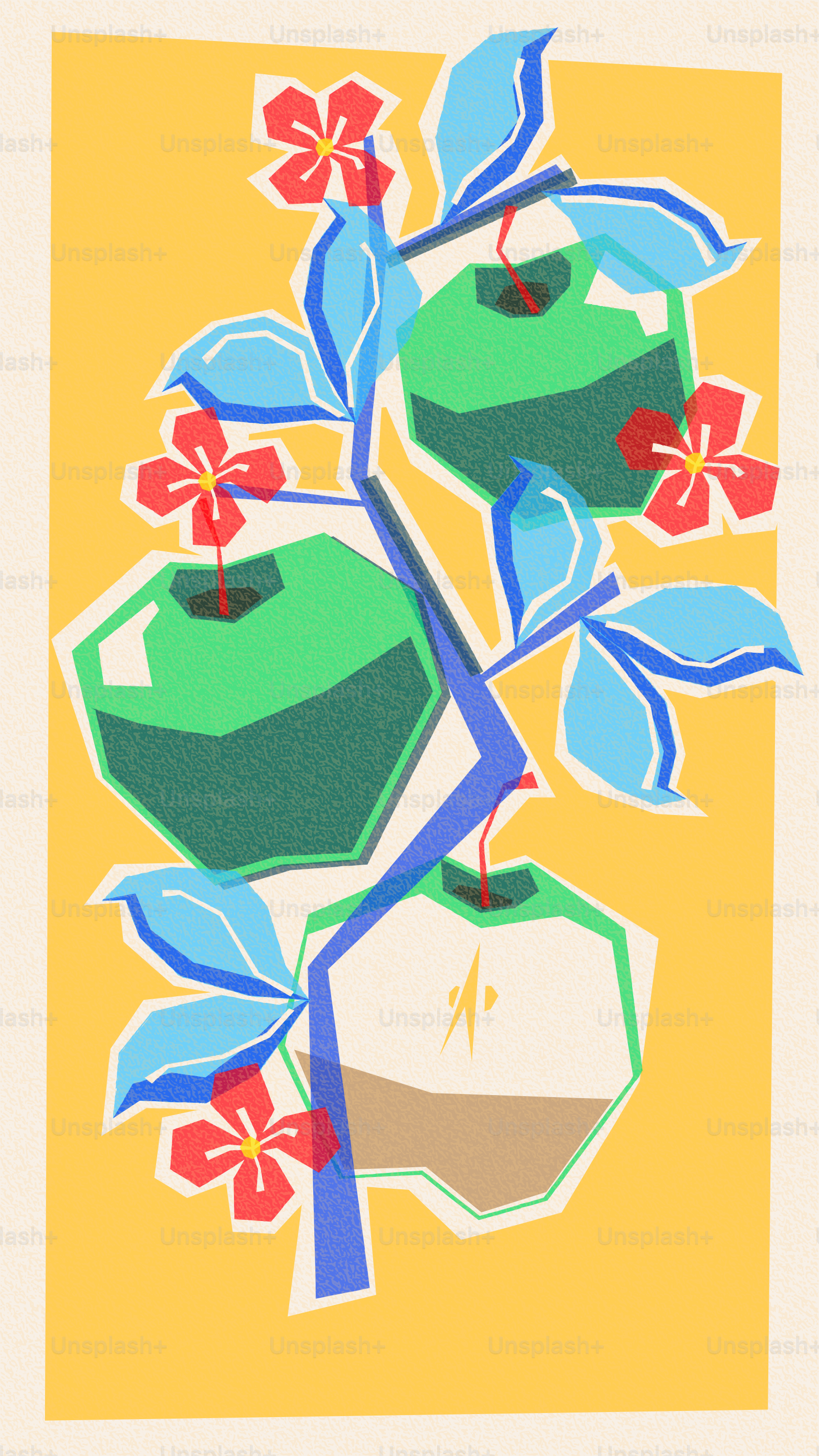 Stylized green apples with red flowers and blue leaves.