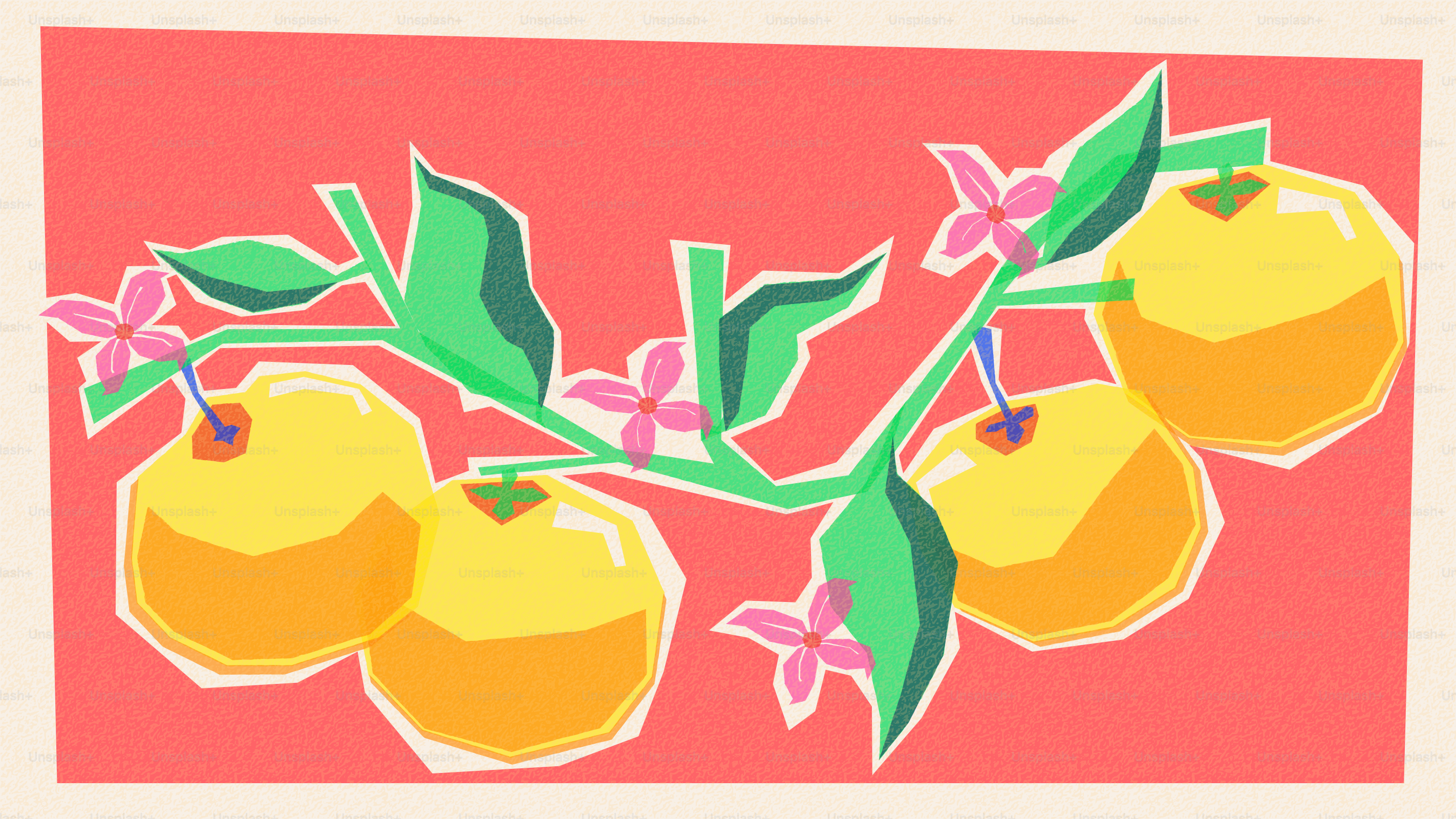 Stylized branch with yellow fruit and pink flowers