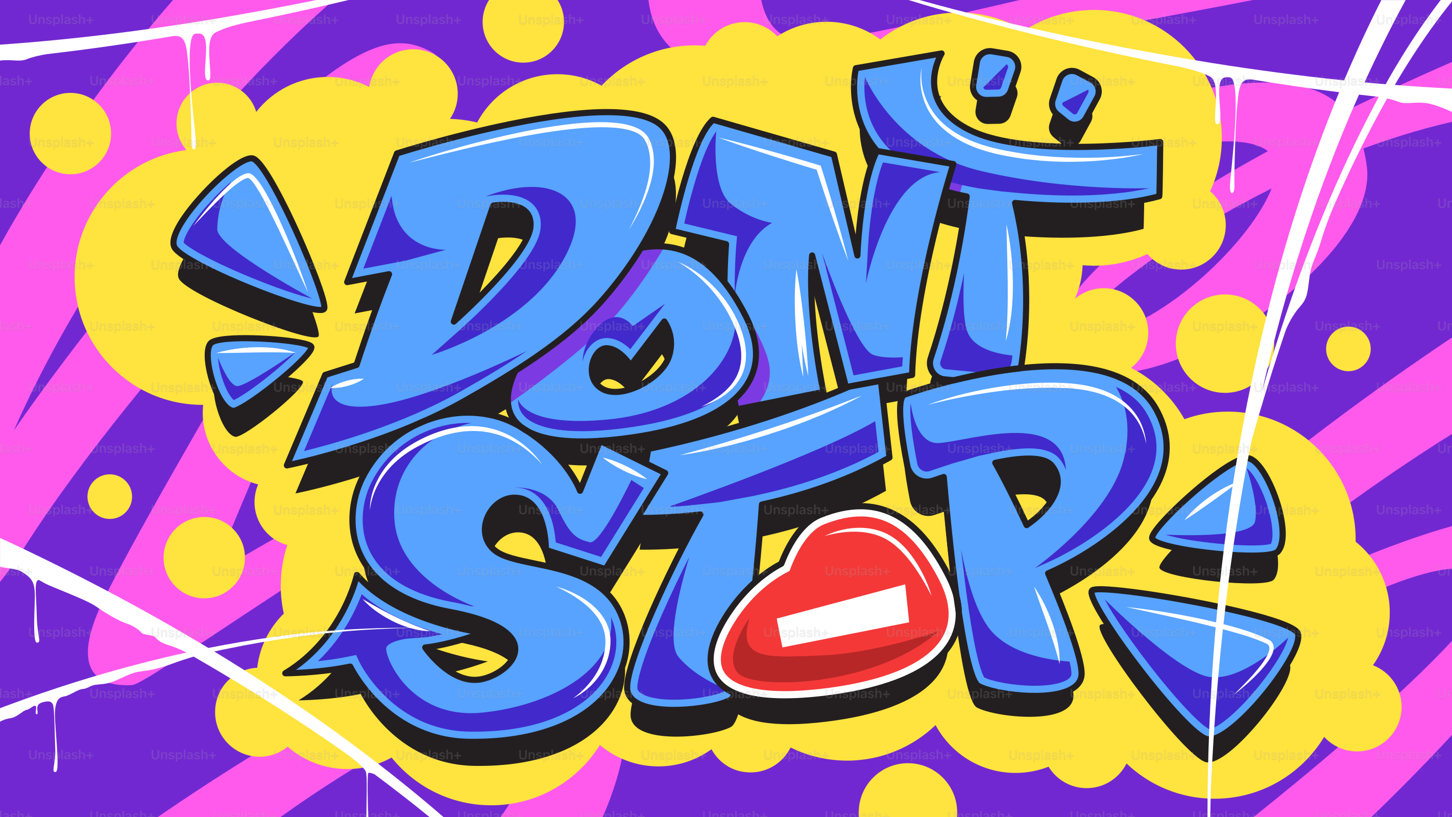 Graffiti-Kunst mit blauem Text "Don't stop" auf gelber Wolke.