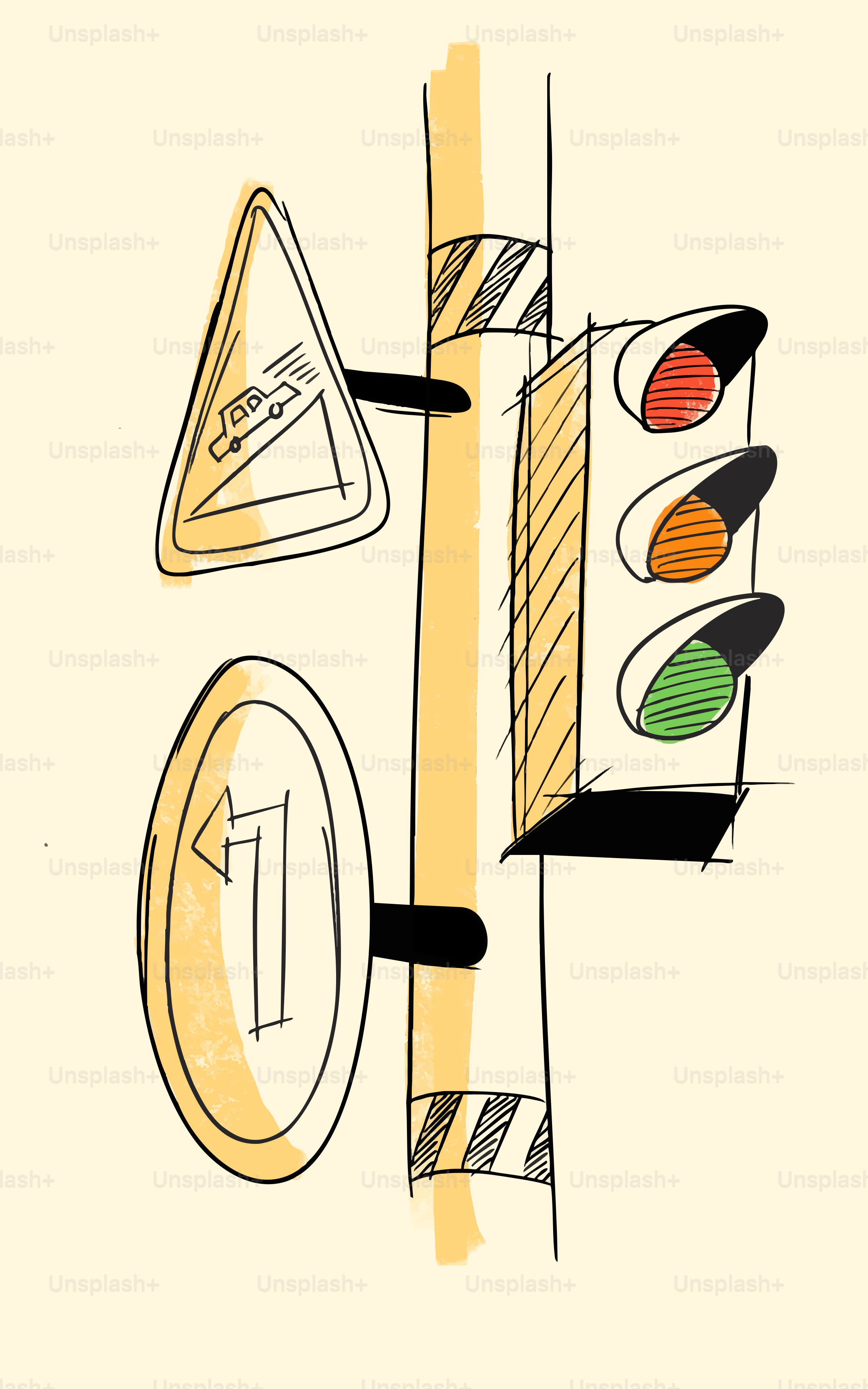 Traffic light with steep hill and turn signs