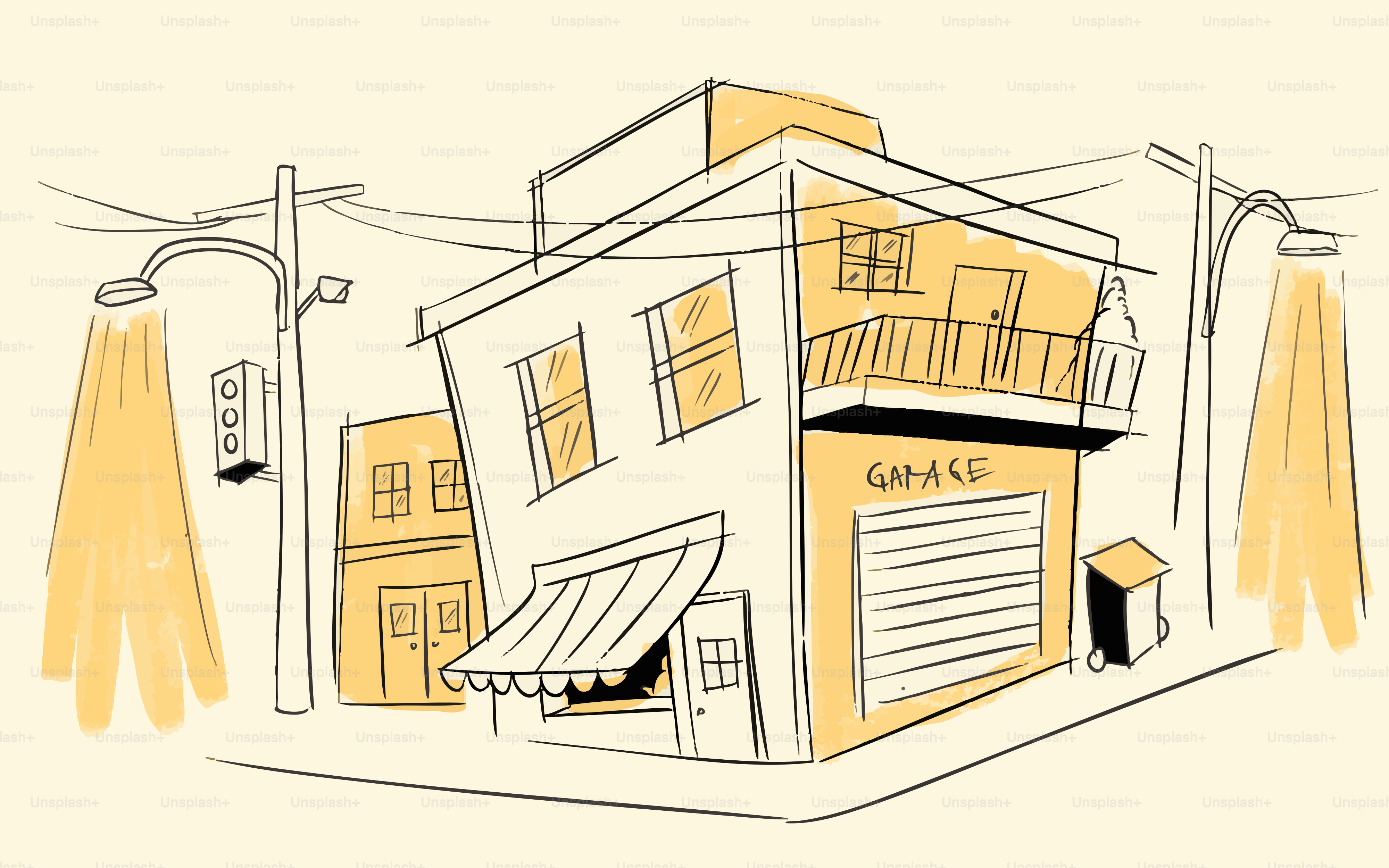 Sketch of a corner building with garage and awning.