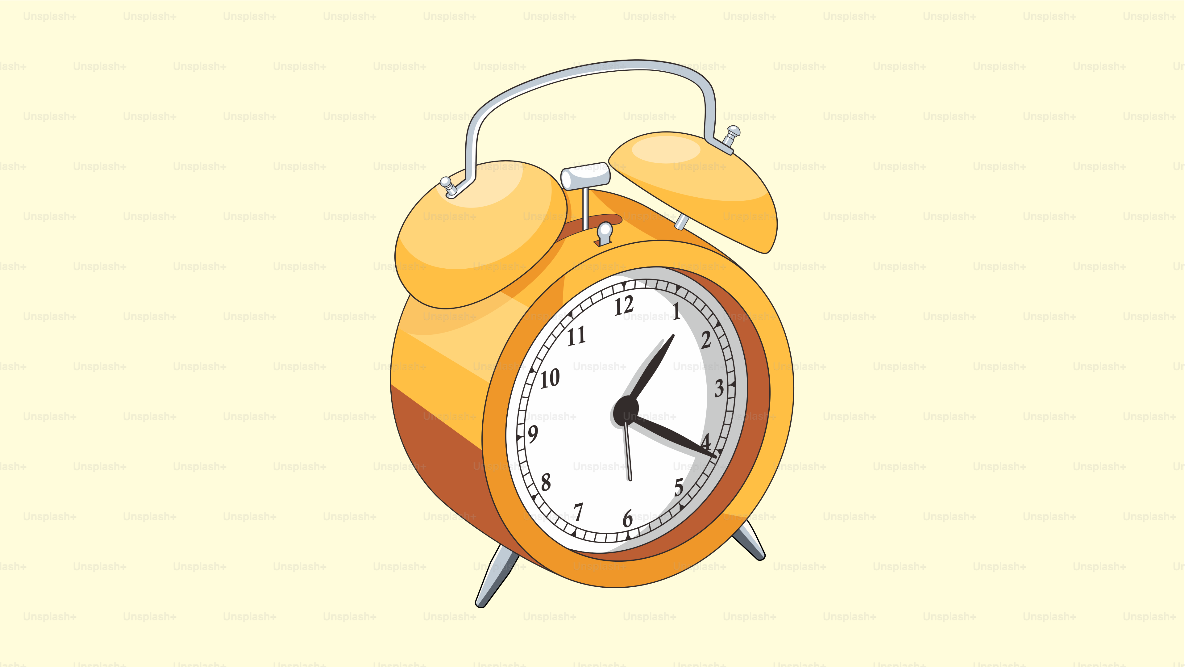 An orange alarm clock on a light yellow background