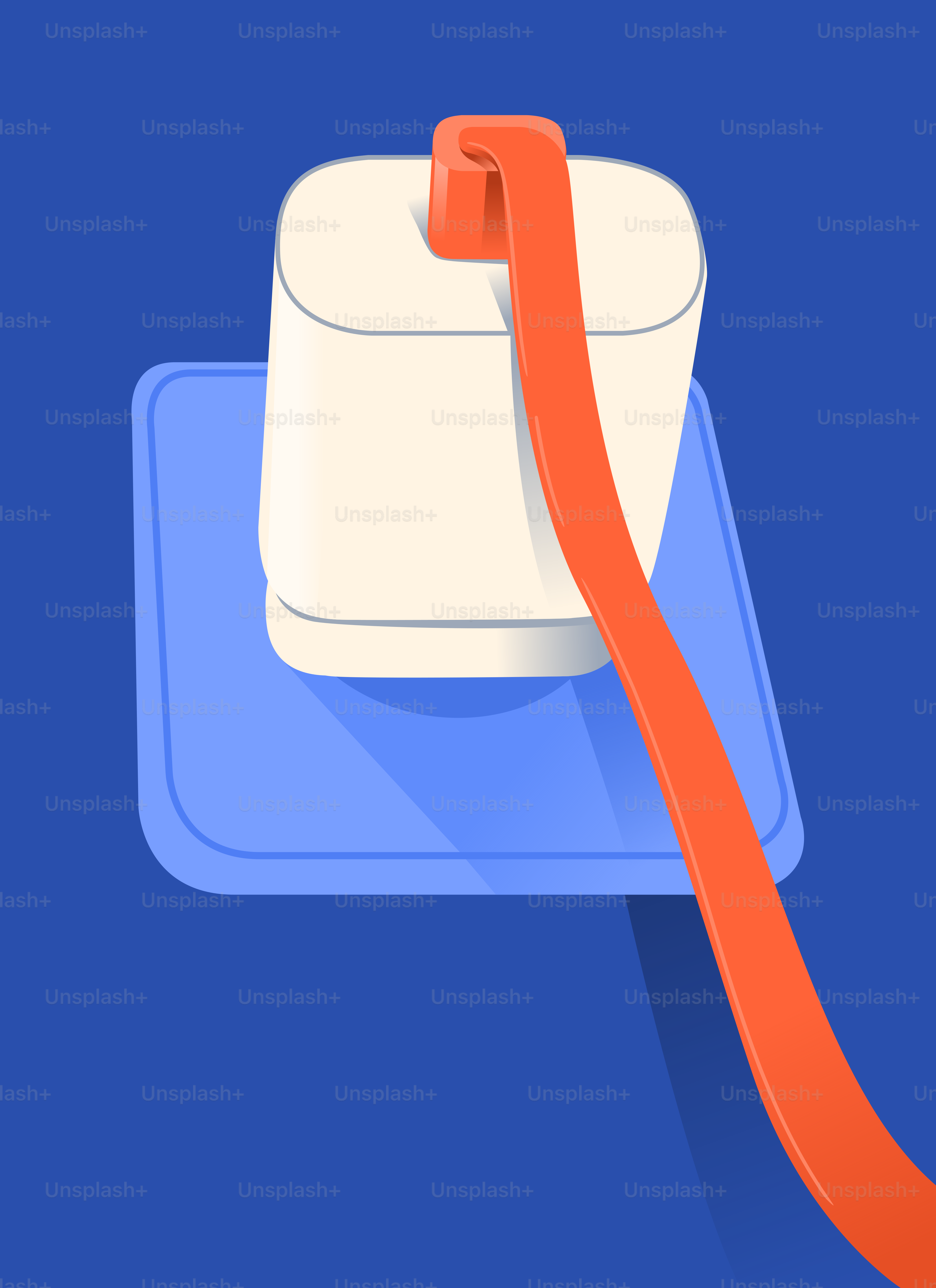White roll with orange ribbon on blue surface