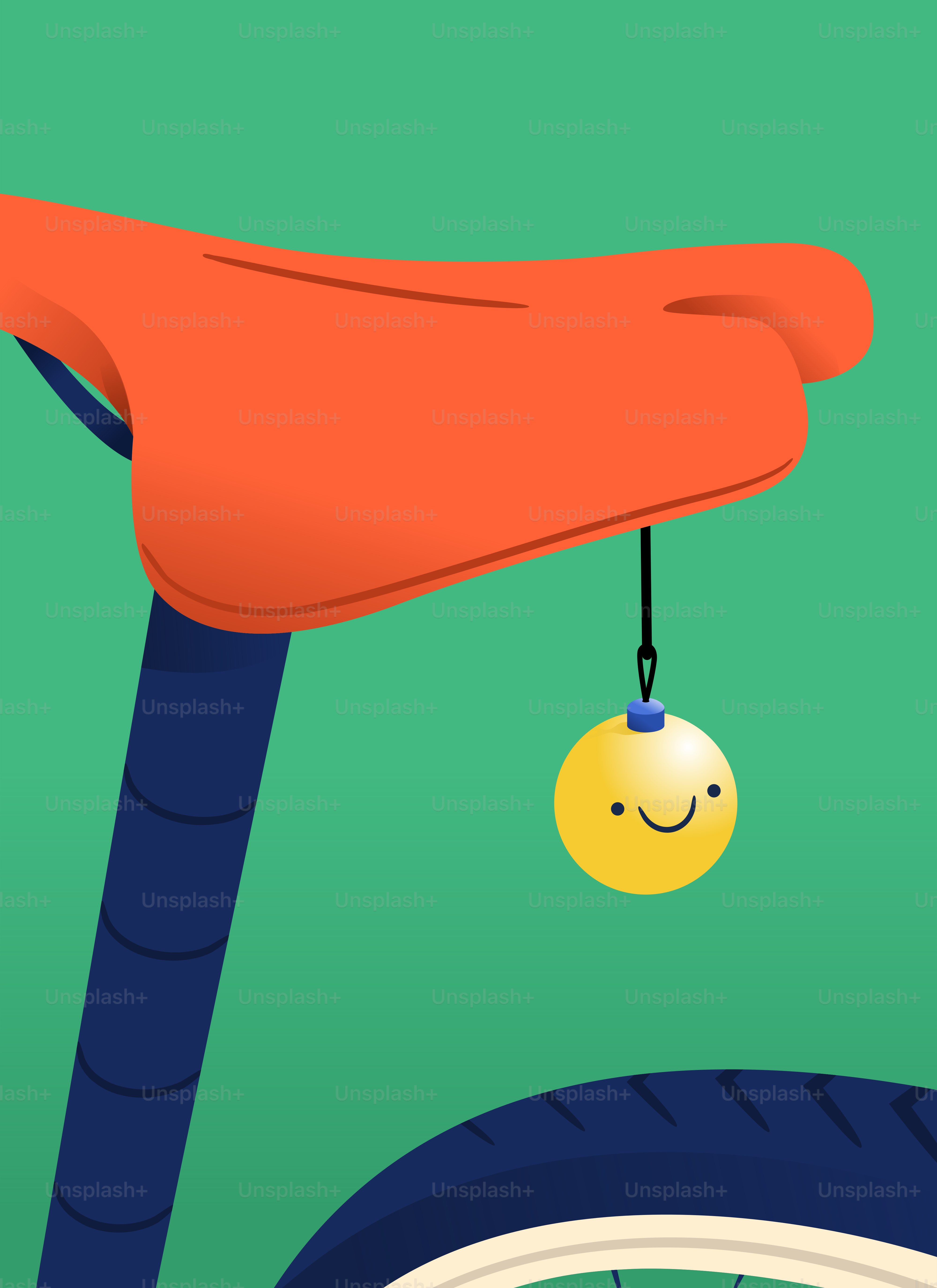 A bicycle seat with a smiling ornament hanging.