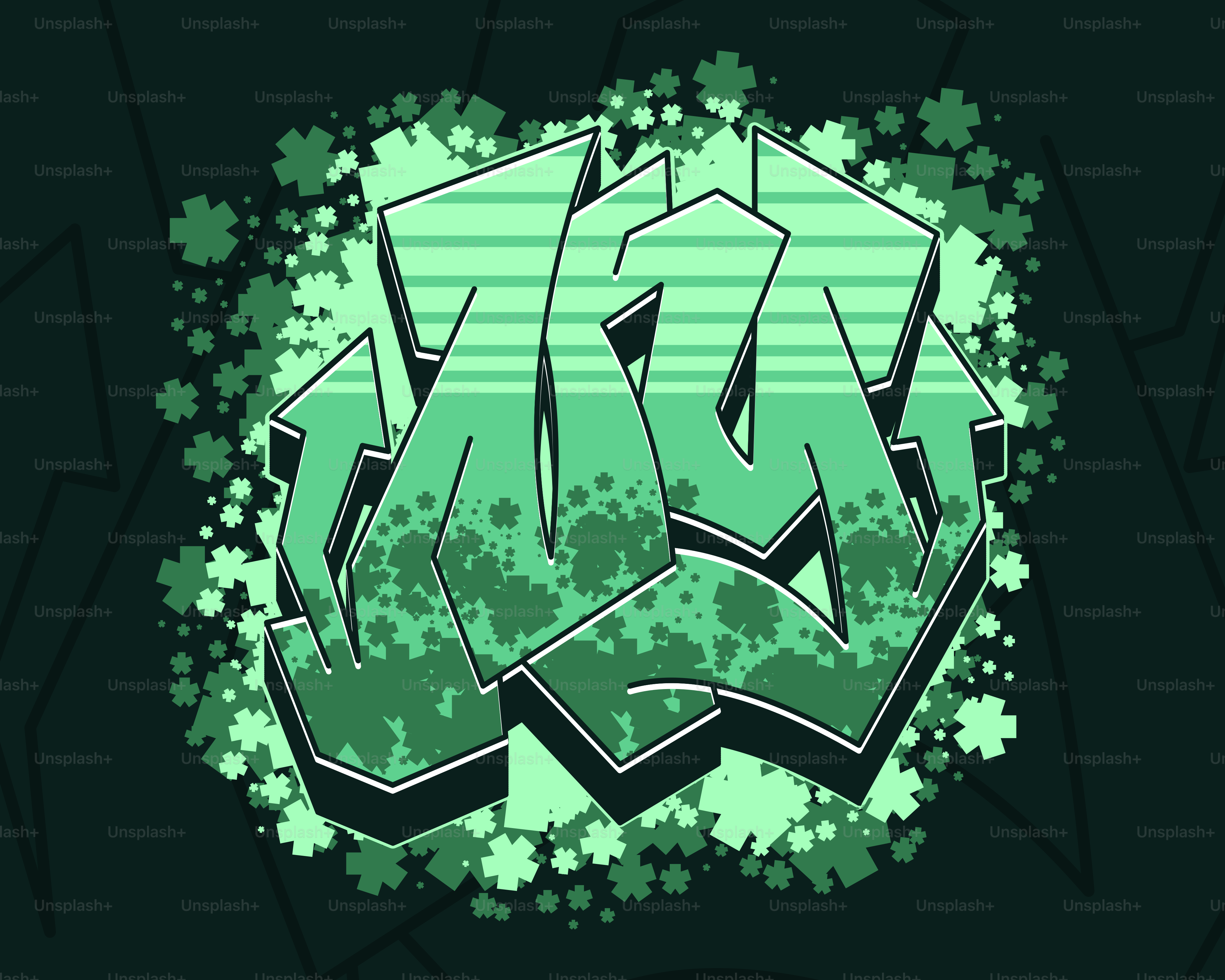 Green graffiti letters surrounded by abstract shapes