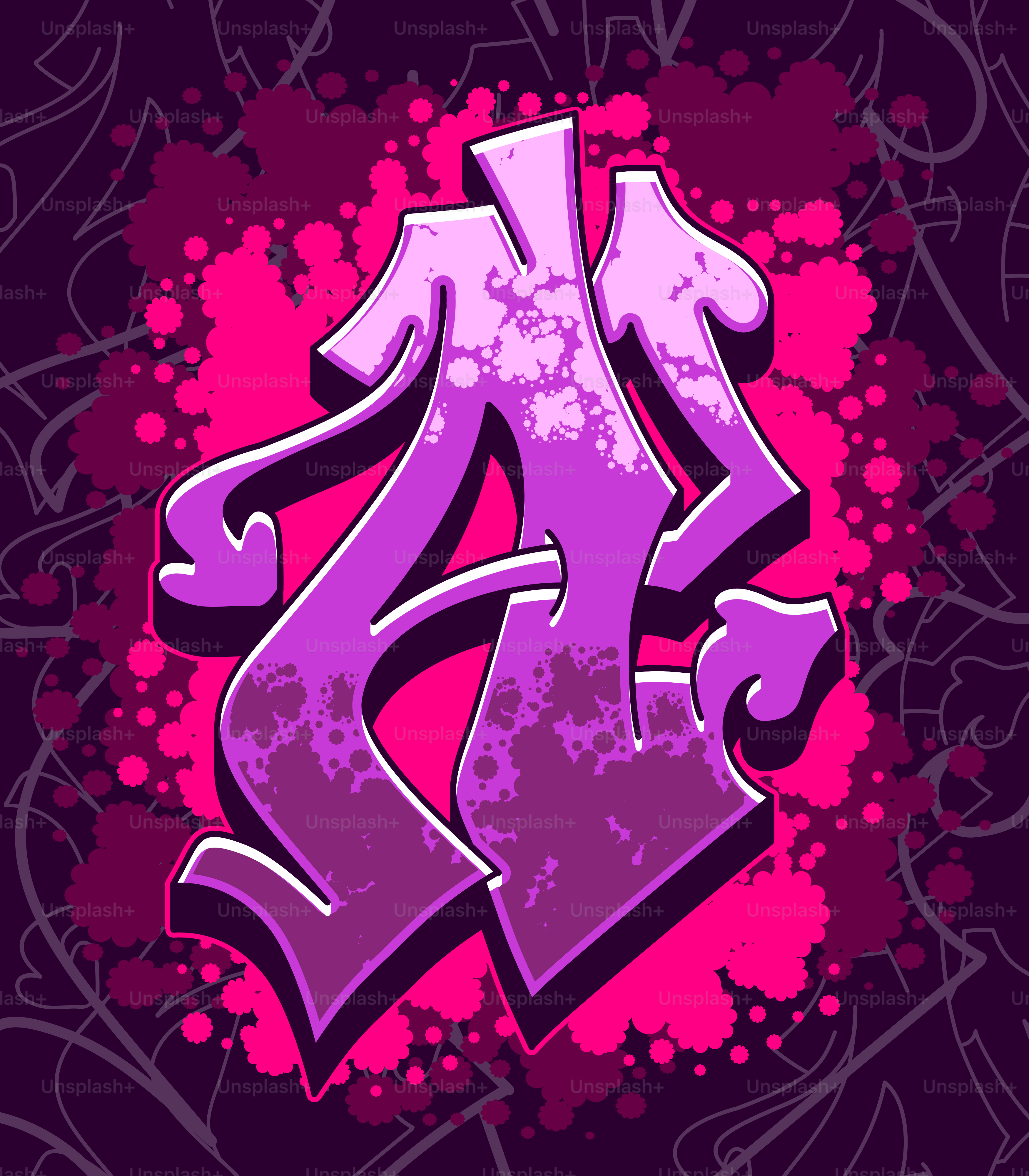 Graffiti style letter a with pink and purple splashes