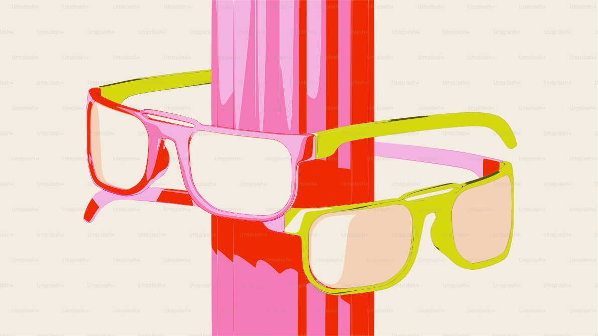 Two pairs of glasses on a pink and red pole.