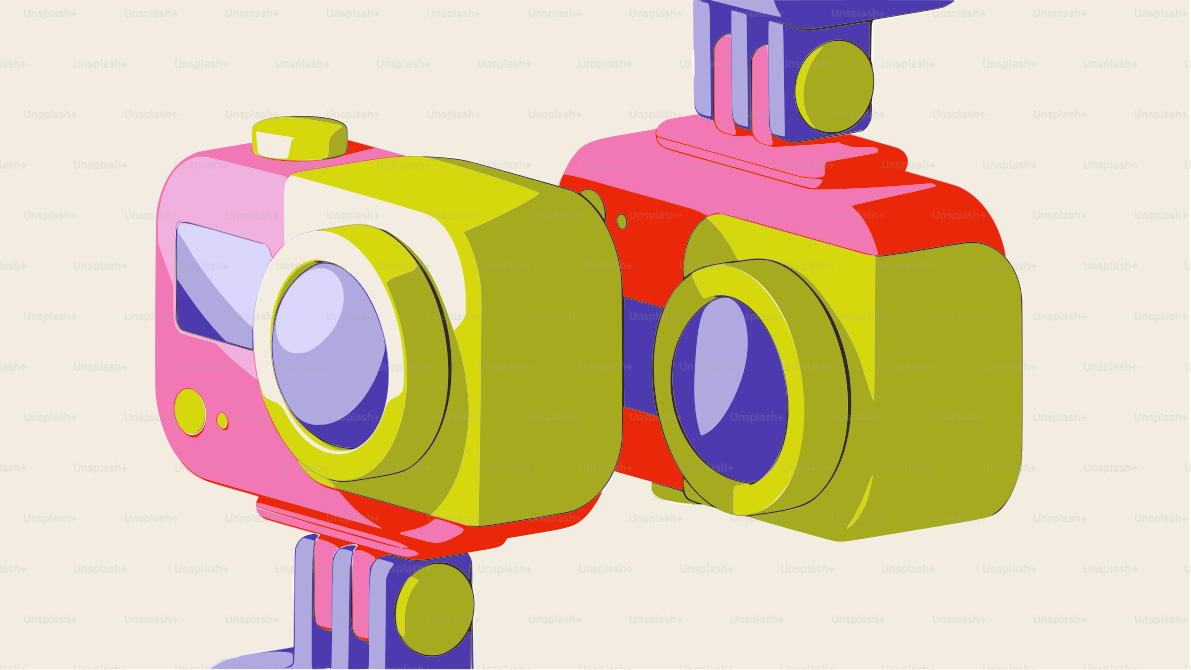 Zwei bunte Kameras auf Ständern, die nach vorne zeigen