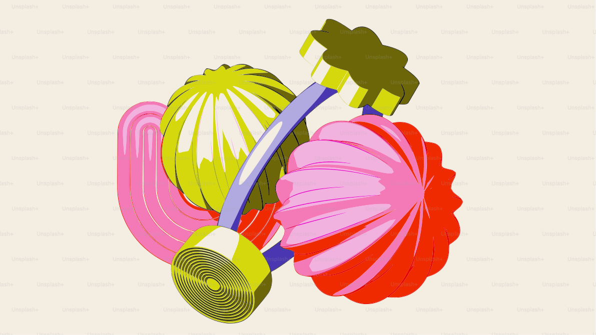 Abstract arrangement of colorful geometric shapes and objects