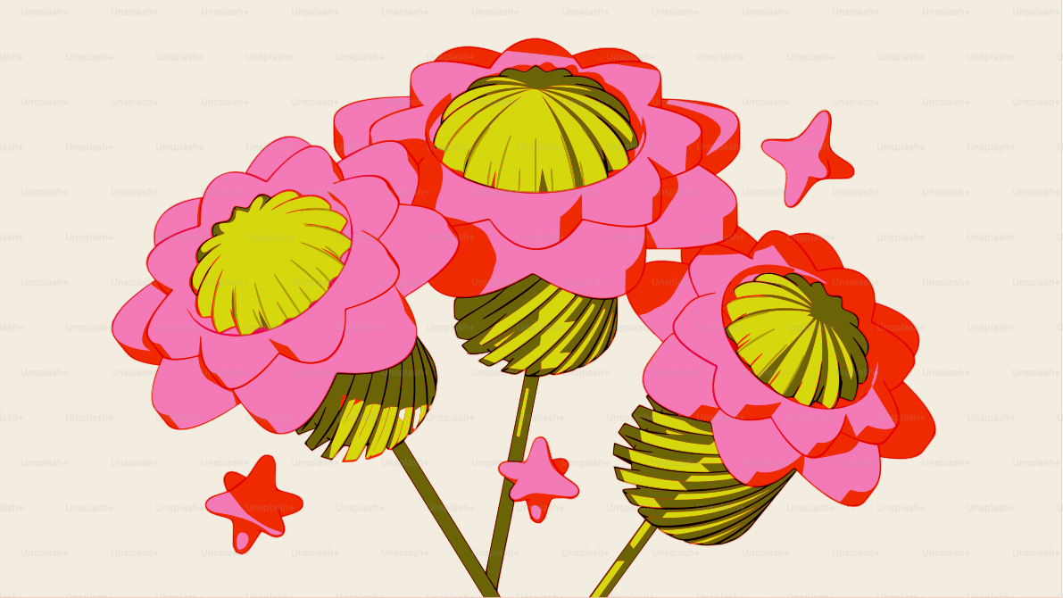 Three stylized pink flowers with yellow centers.