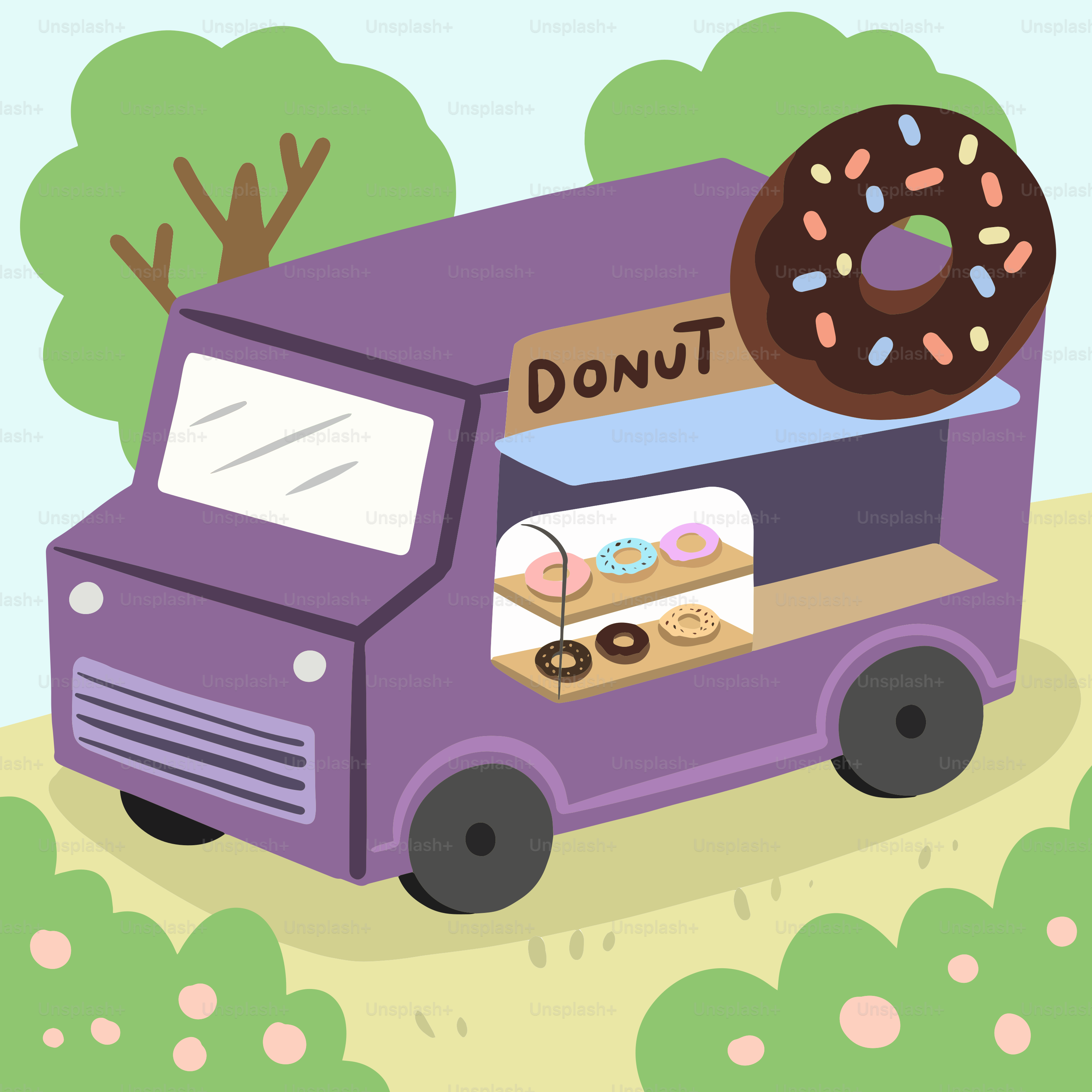 Ein lila Donut-Truck mit Donuts darin.