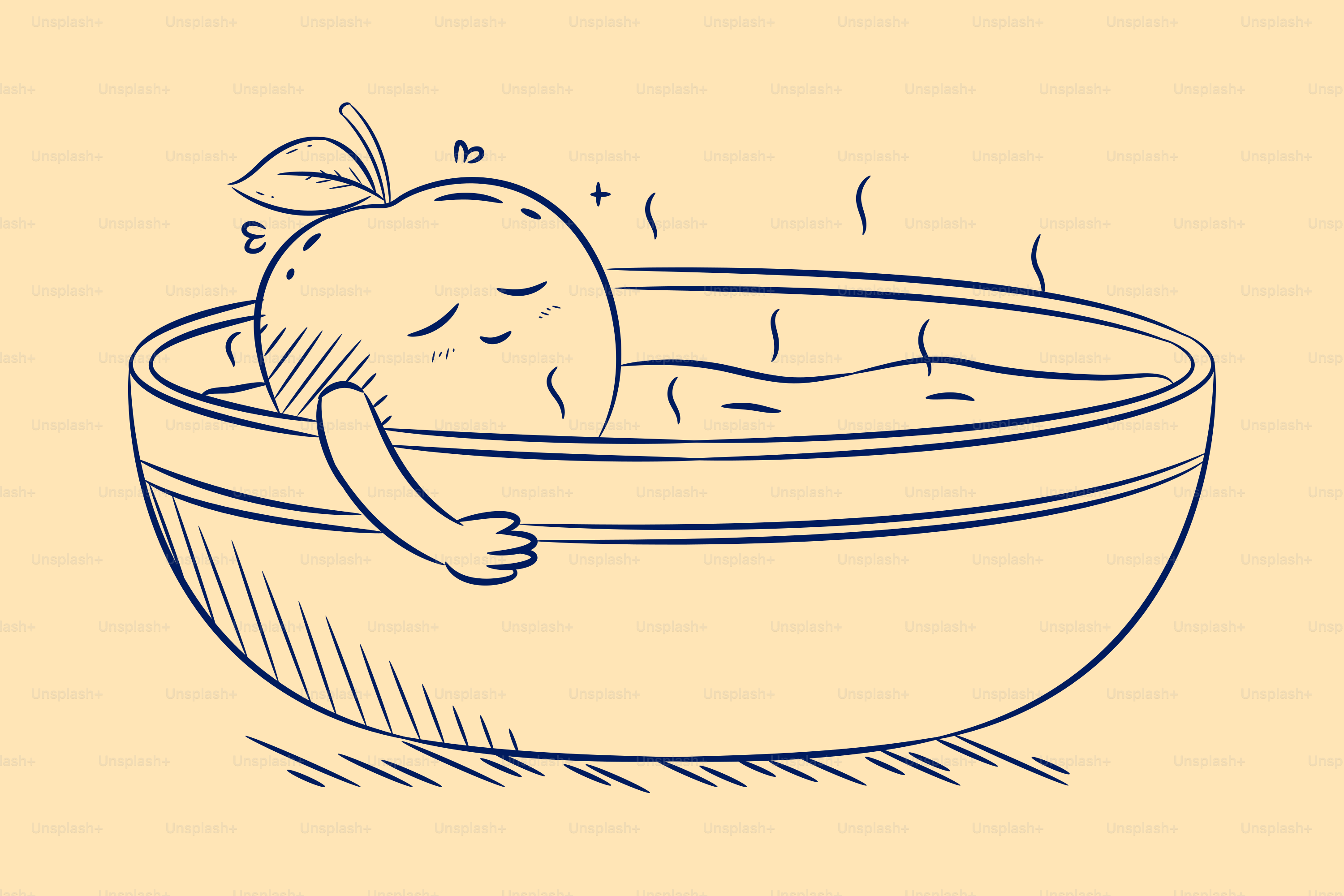 A cute apple relaxing in a steaming bowl.