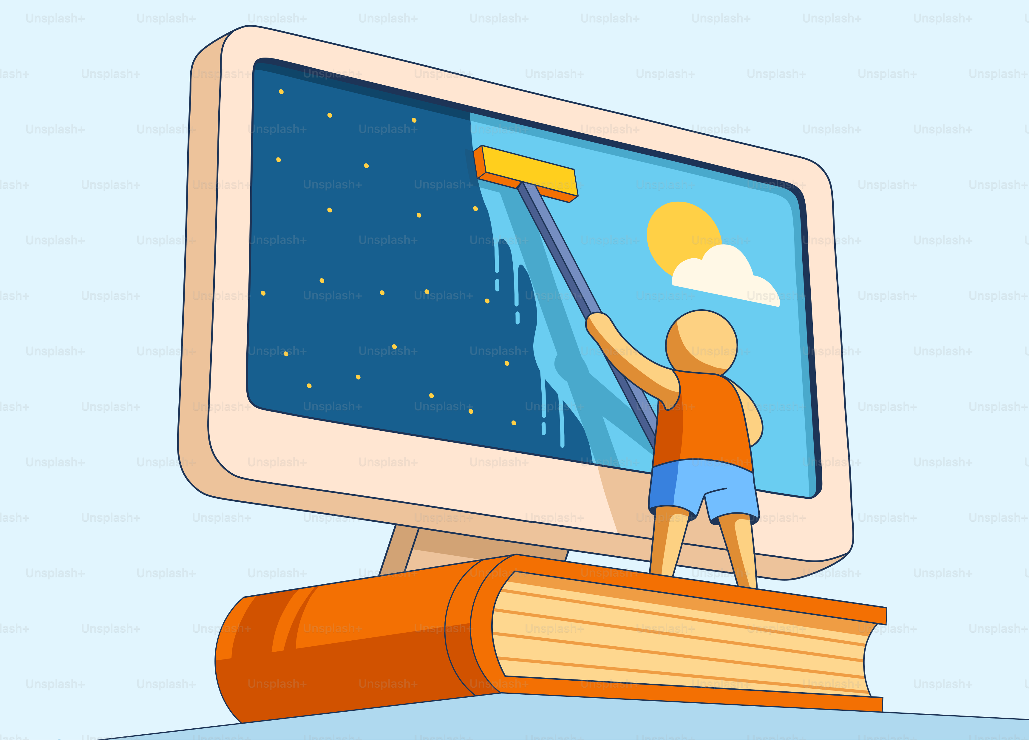 Person cleaning computer screen from night to day