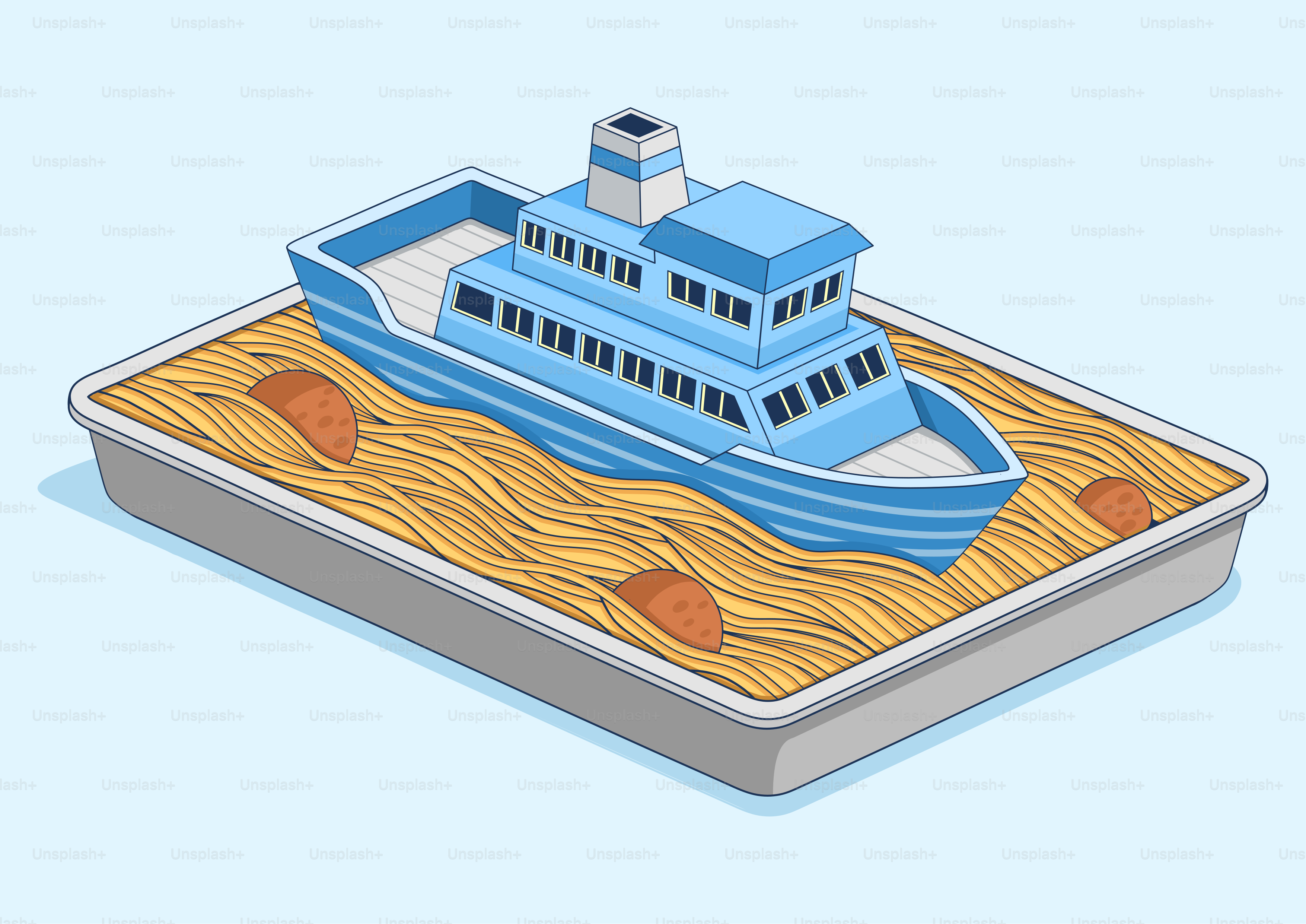 Bateau jouet bleu dans un bac à sable avec du sable et des rochers.