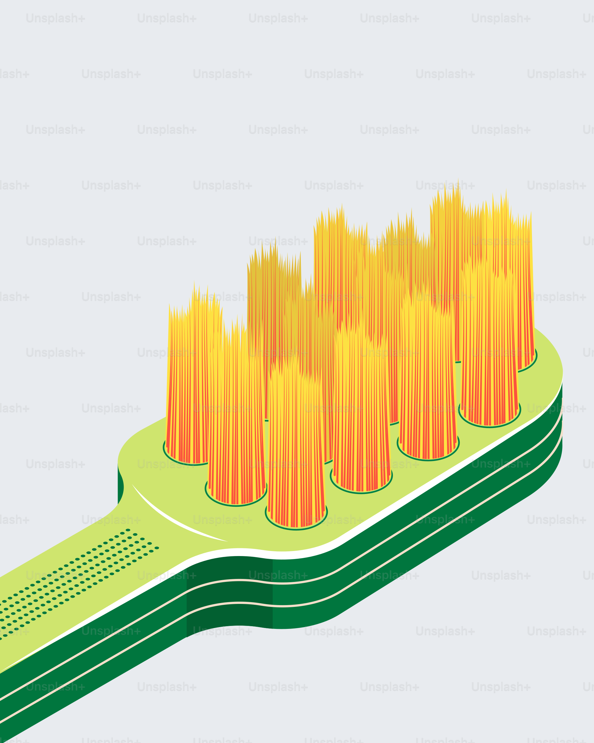 Close-up of a green toothbrush with yellow bristles