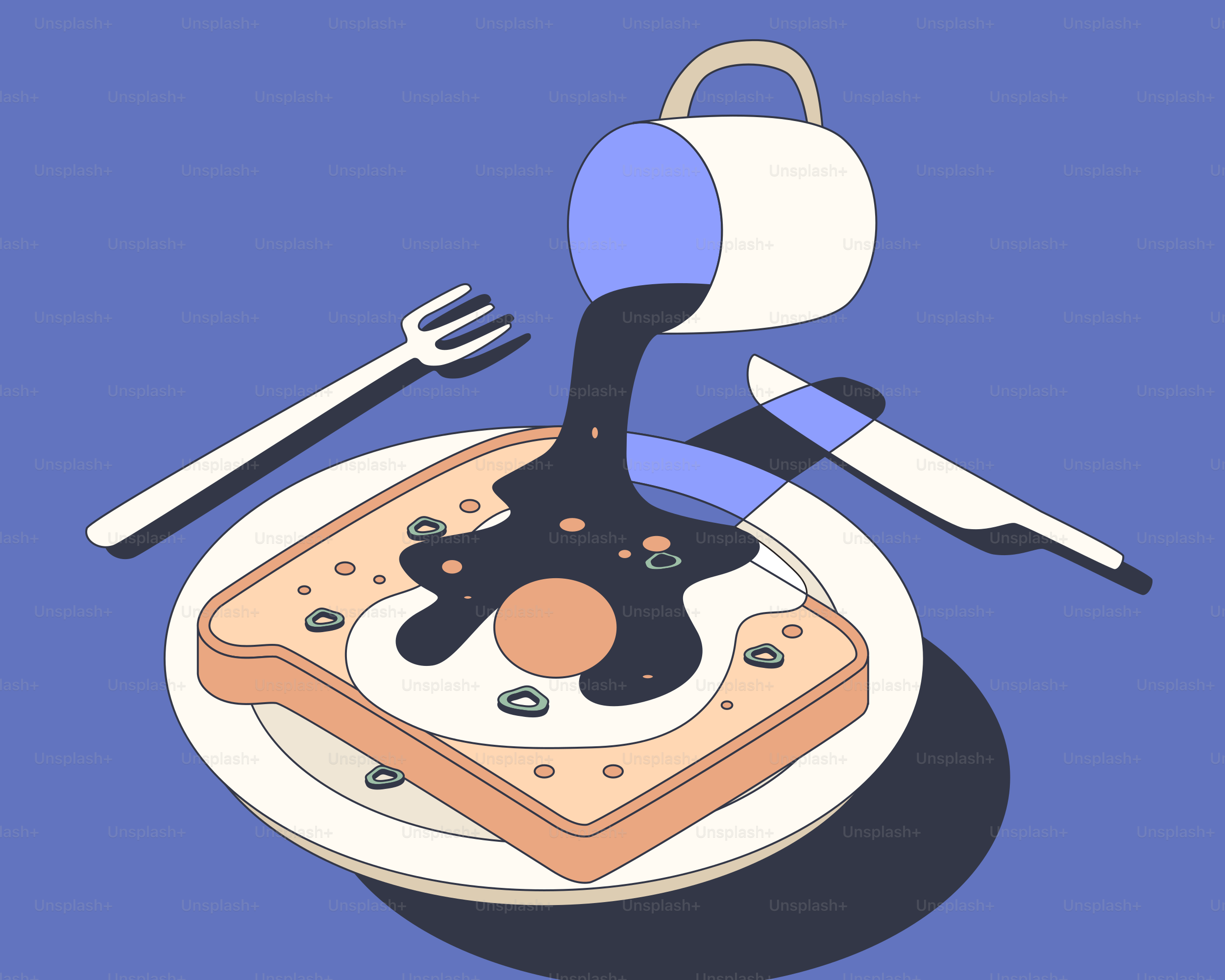 Coffee pouring onto toast with fried egg.