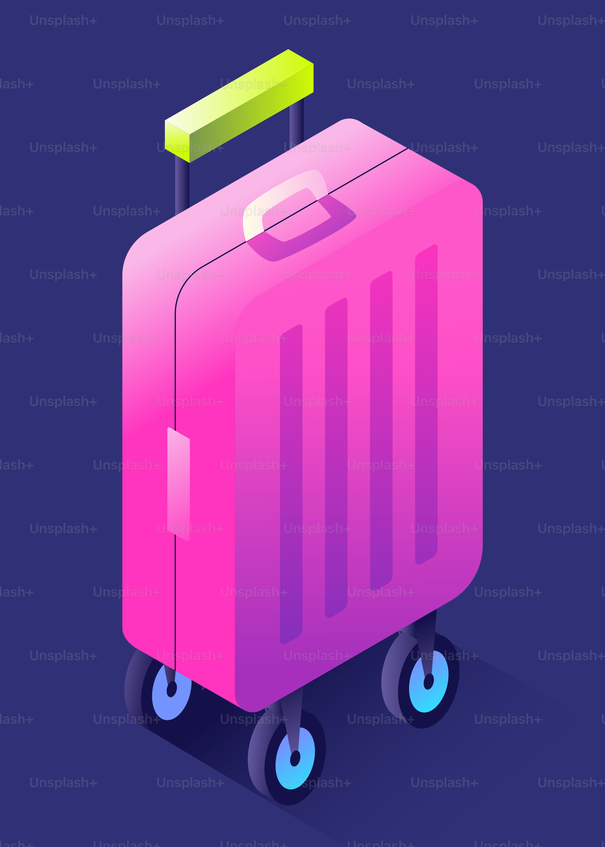 Une valise rose avec des roues sur fond bleu