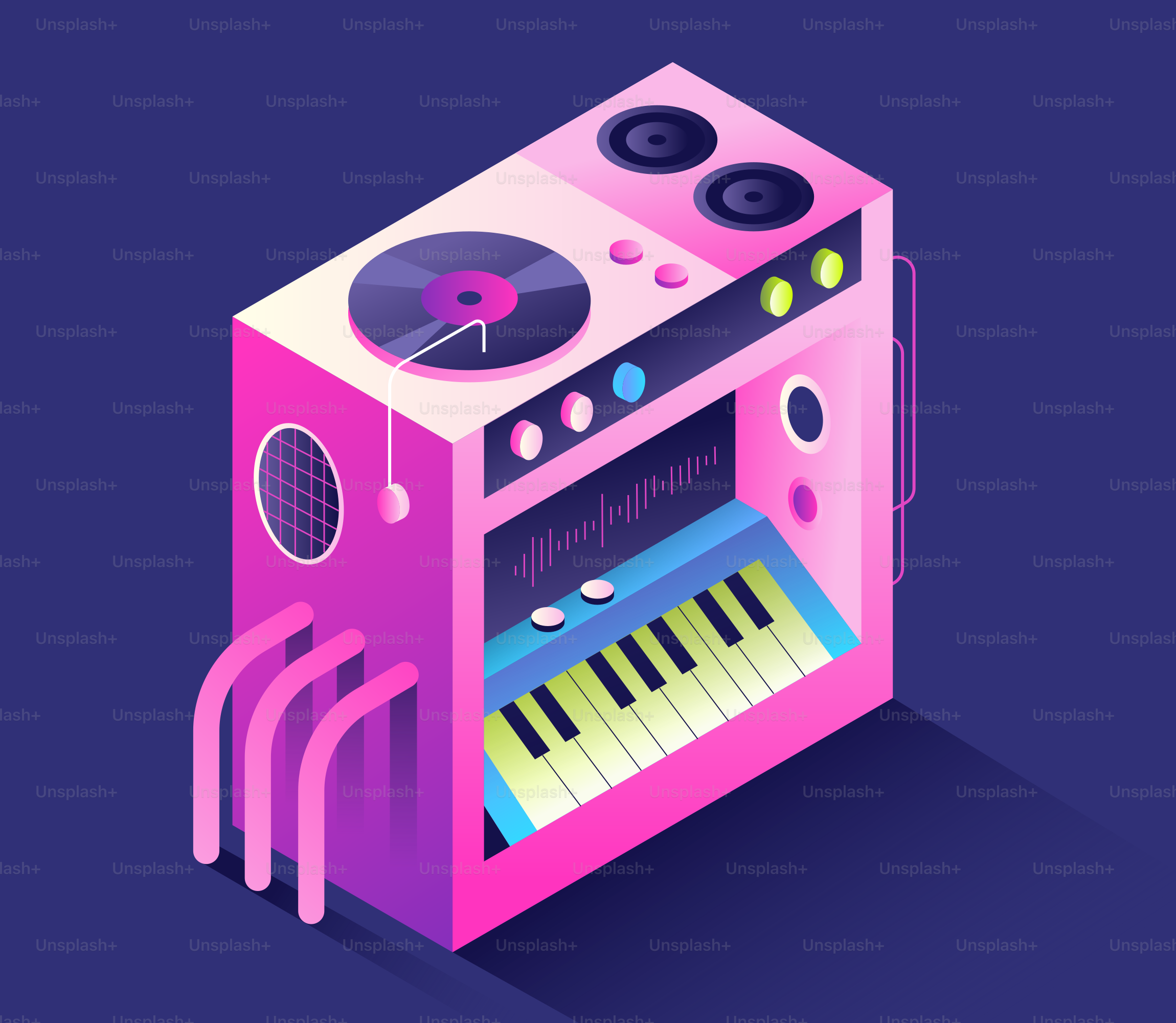A pink isometric music machine with a keyboard.