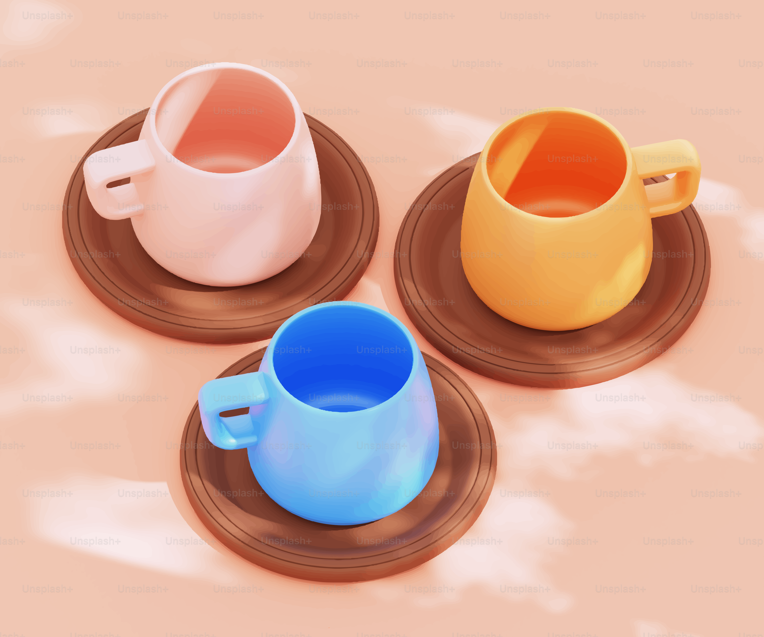 Drei bunte Tassen auf Holzuntersetzern