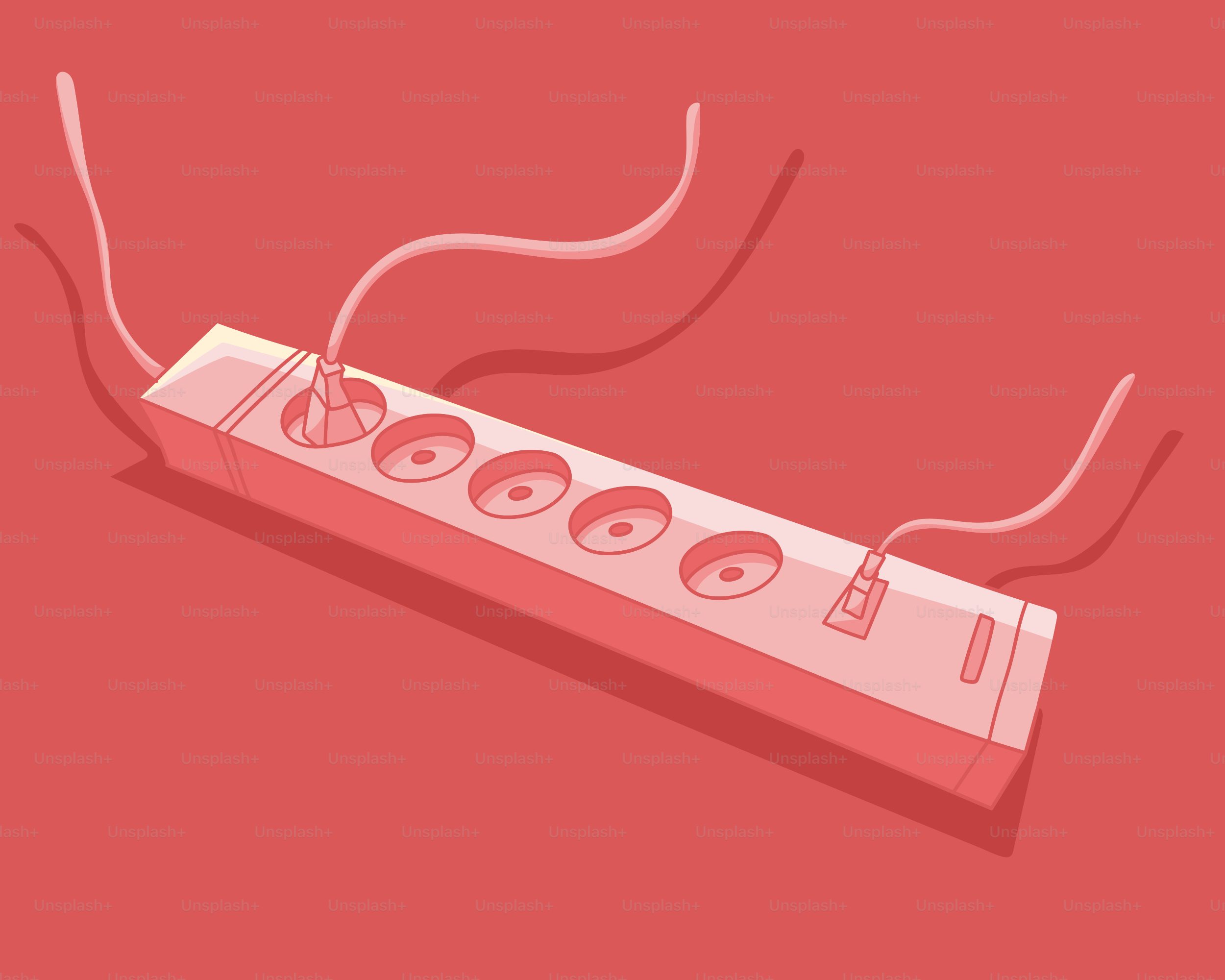 Power strip with connected plugs on red background