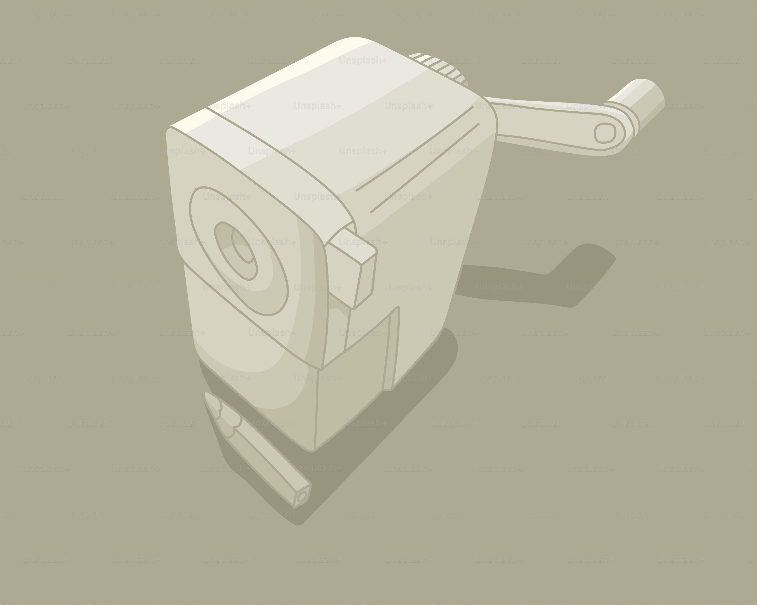A cream colored manual pencil sharpener with crank.