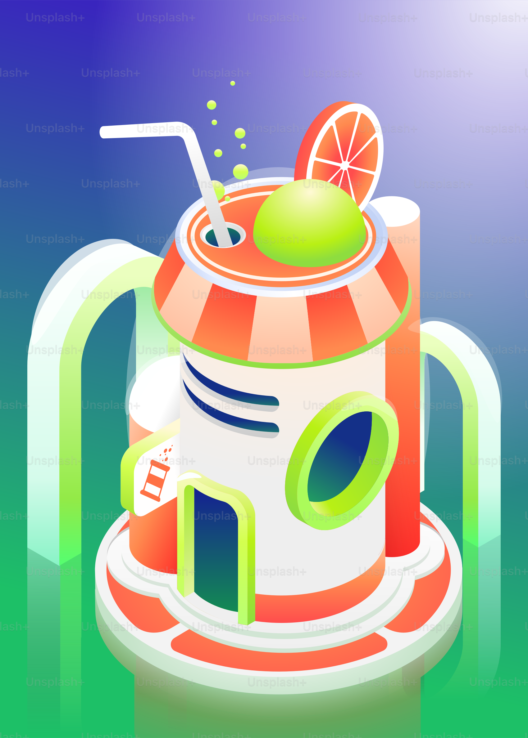 Stylized futuristic drink dispenser with citrus garnish.