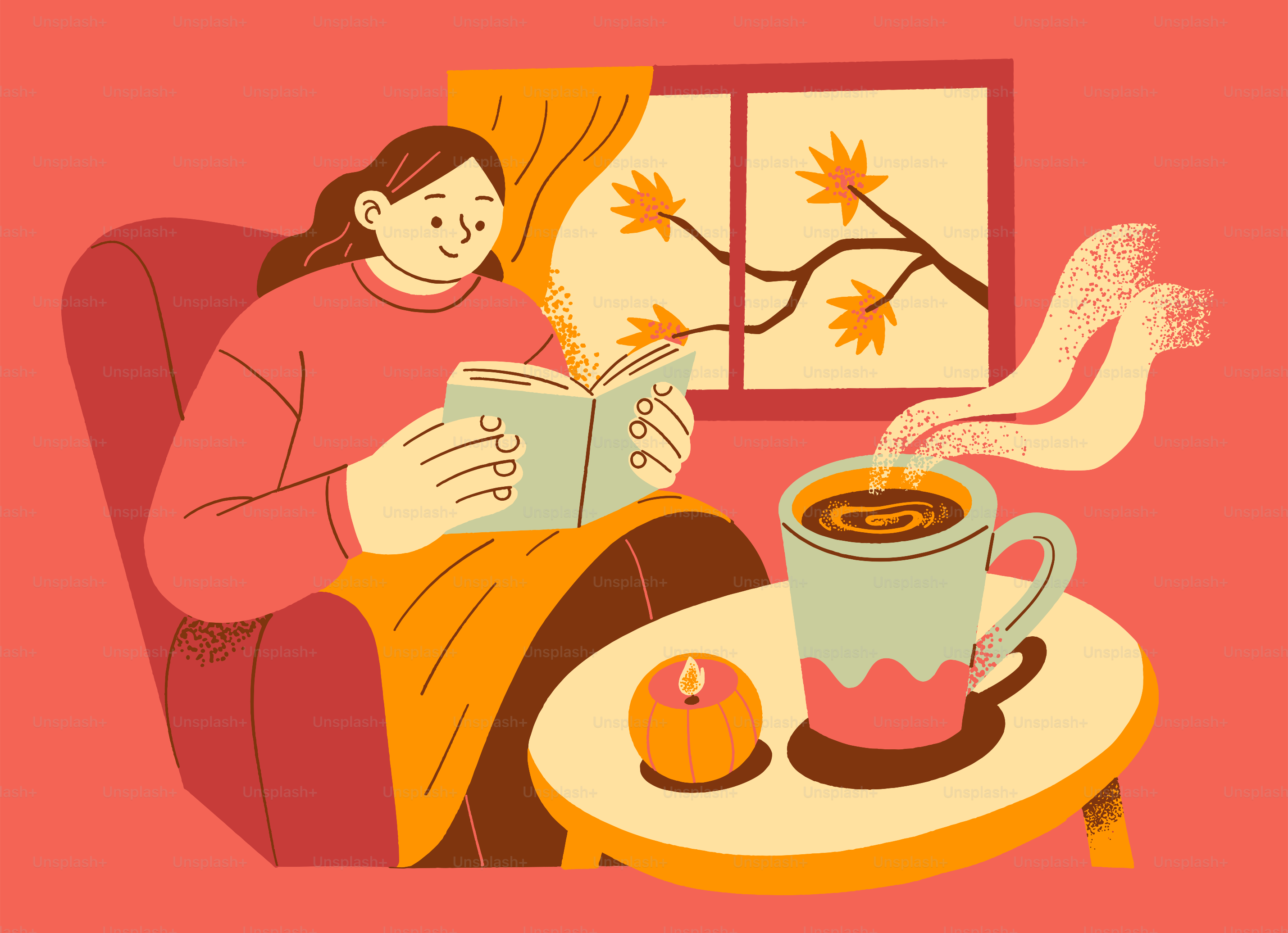 Woman reading book with coffee and candle