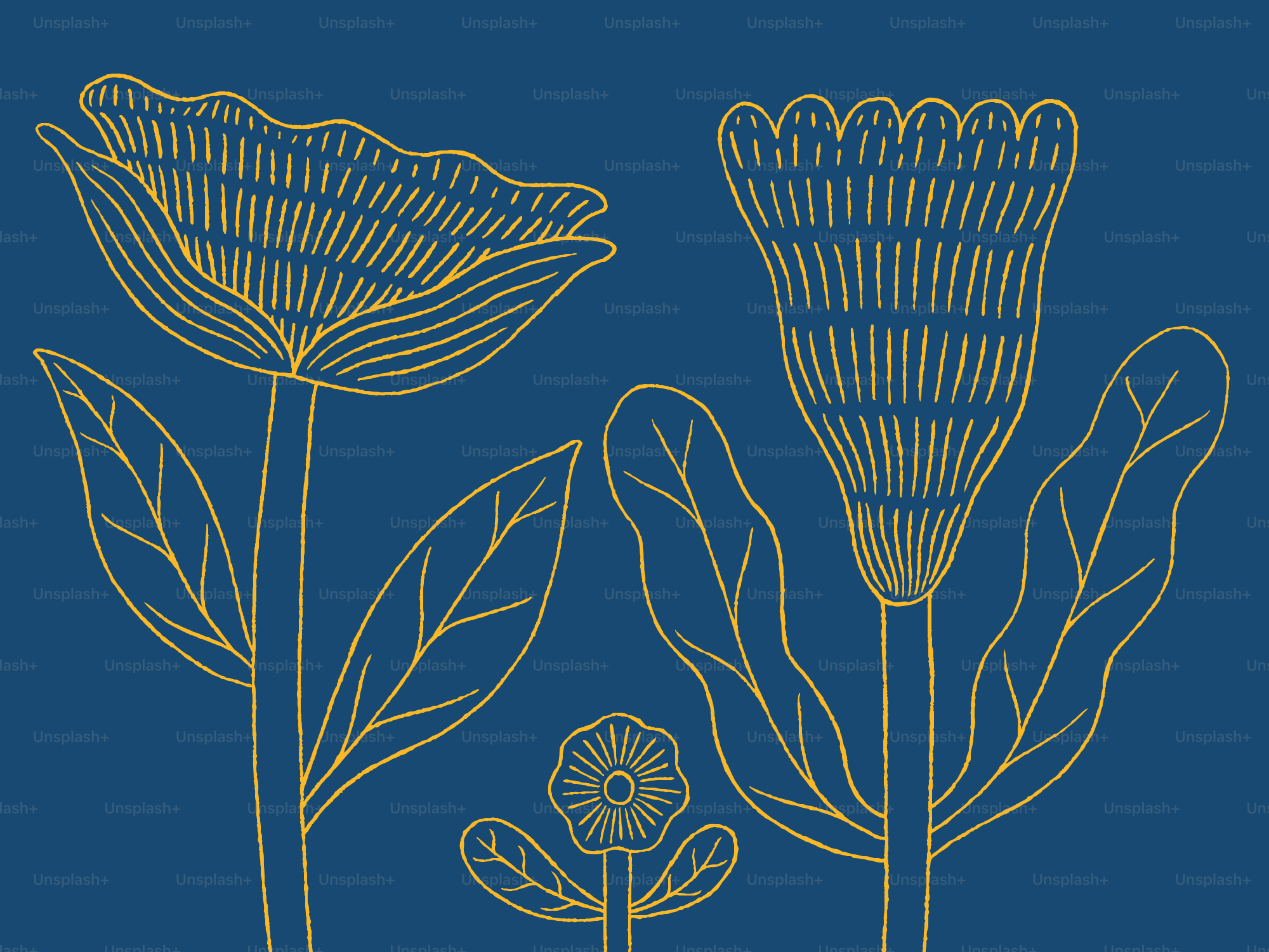 Fleurs dorées stylisées sur fond bleu profond.