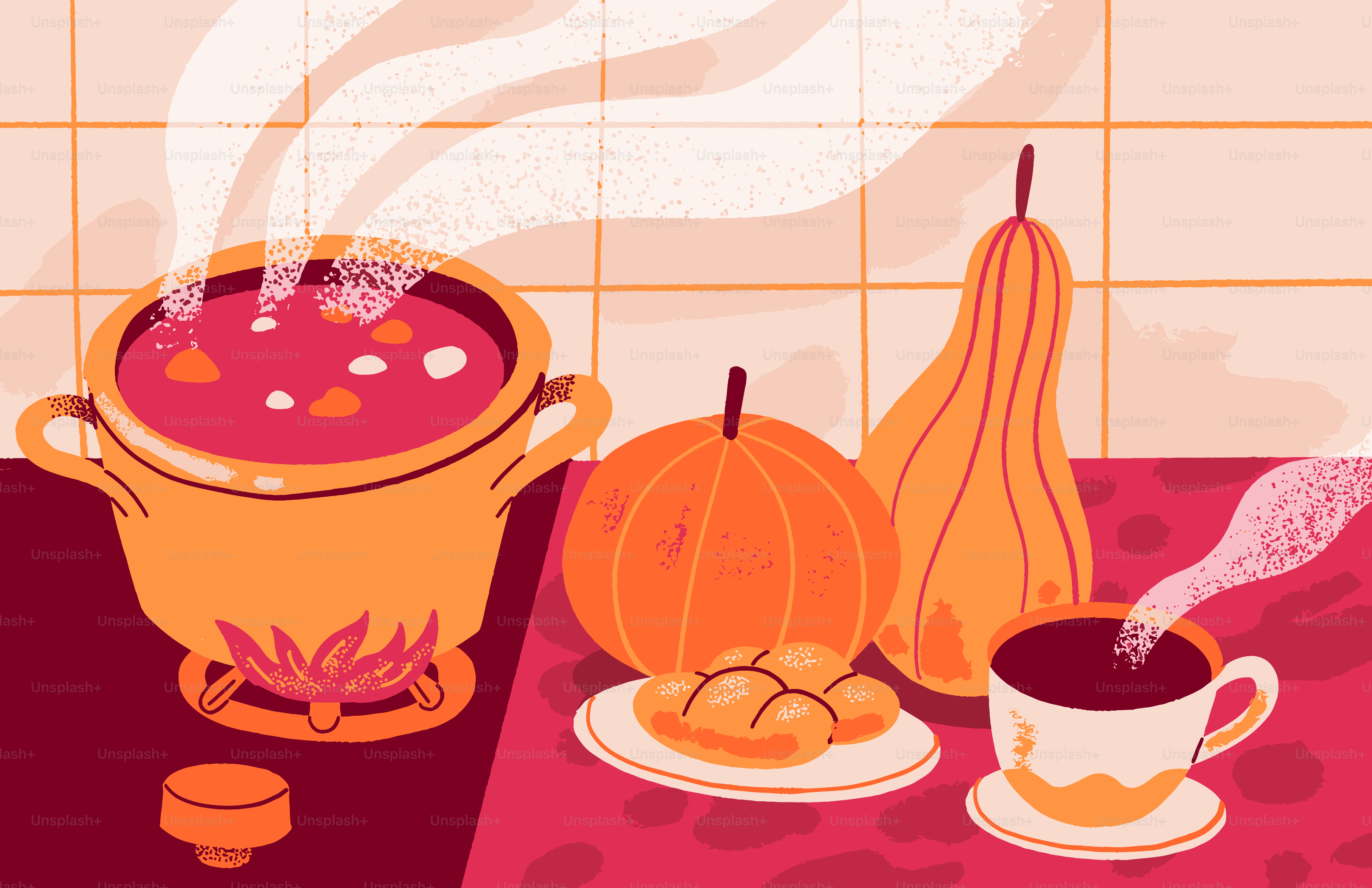Hot soup steams in a pot with pumpkins and coffee.