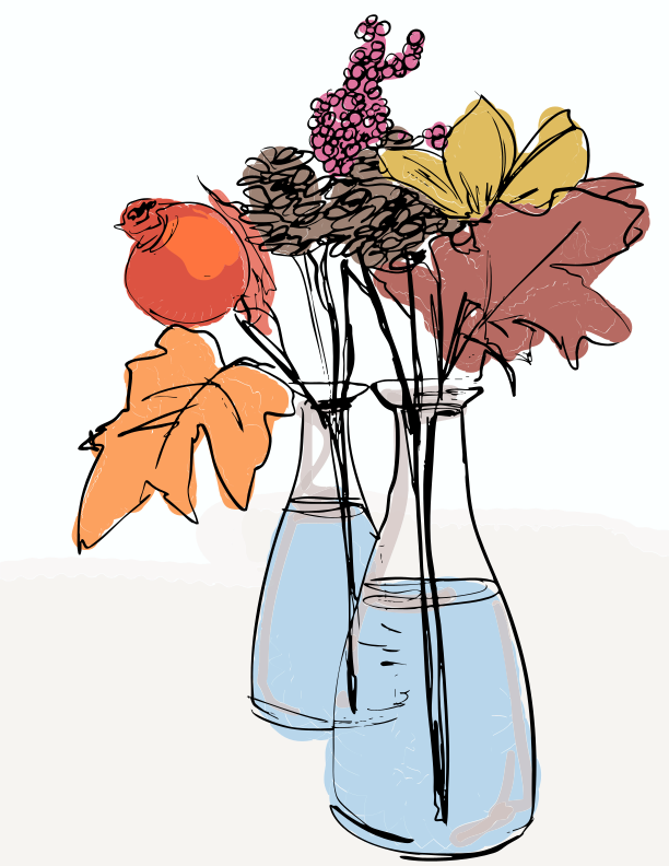 Zwei Vasen mit Herbstblättern und Blumen