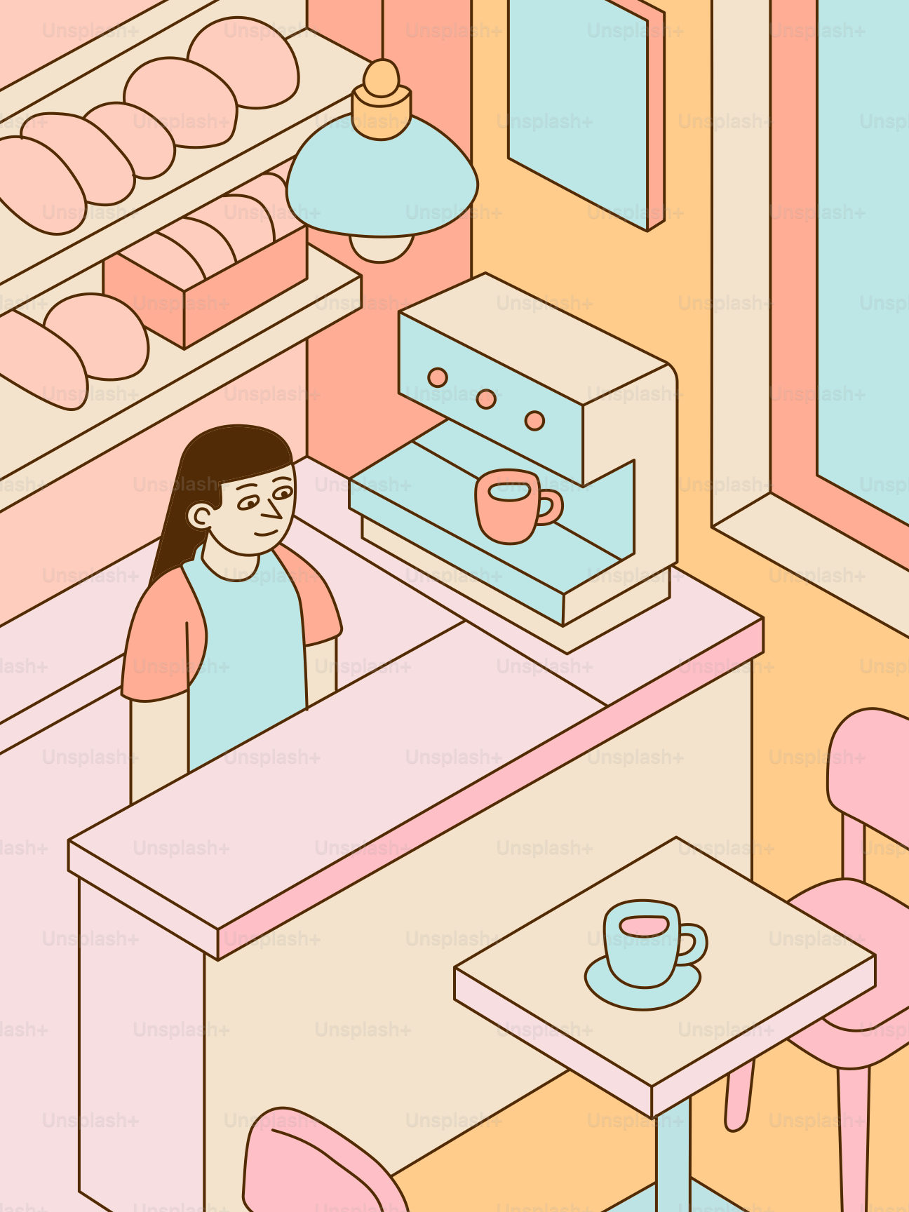 Eine Person, die hinter einer Bäckereitheke mit Kaffee steht.