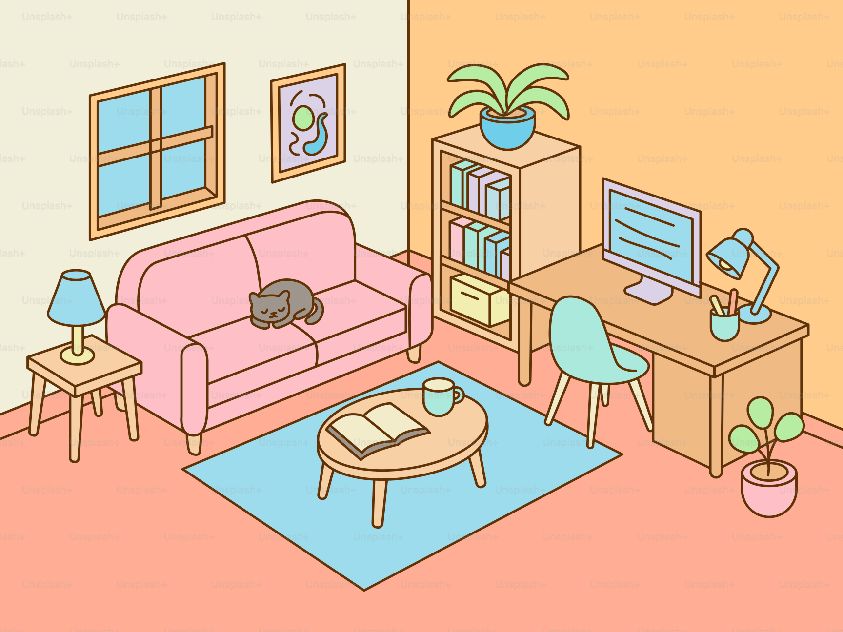 Gemütliches Wohnzimmer mit einer Katze auf dem Sofa.