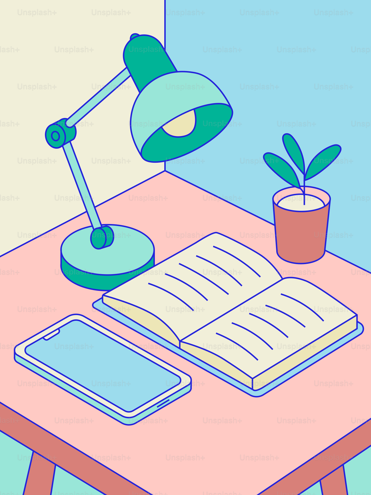 Schreibtisch mit offenem Buch, Telefon und Lampe.