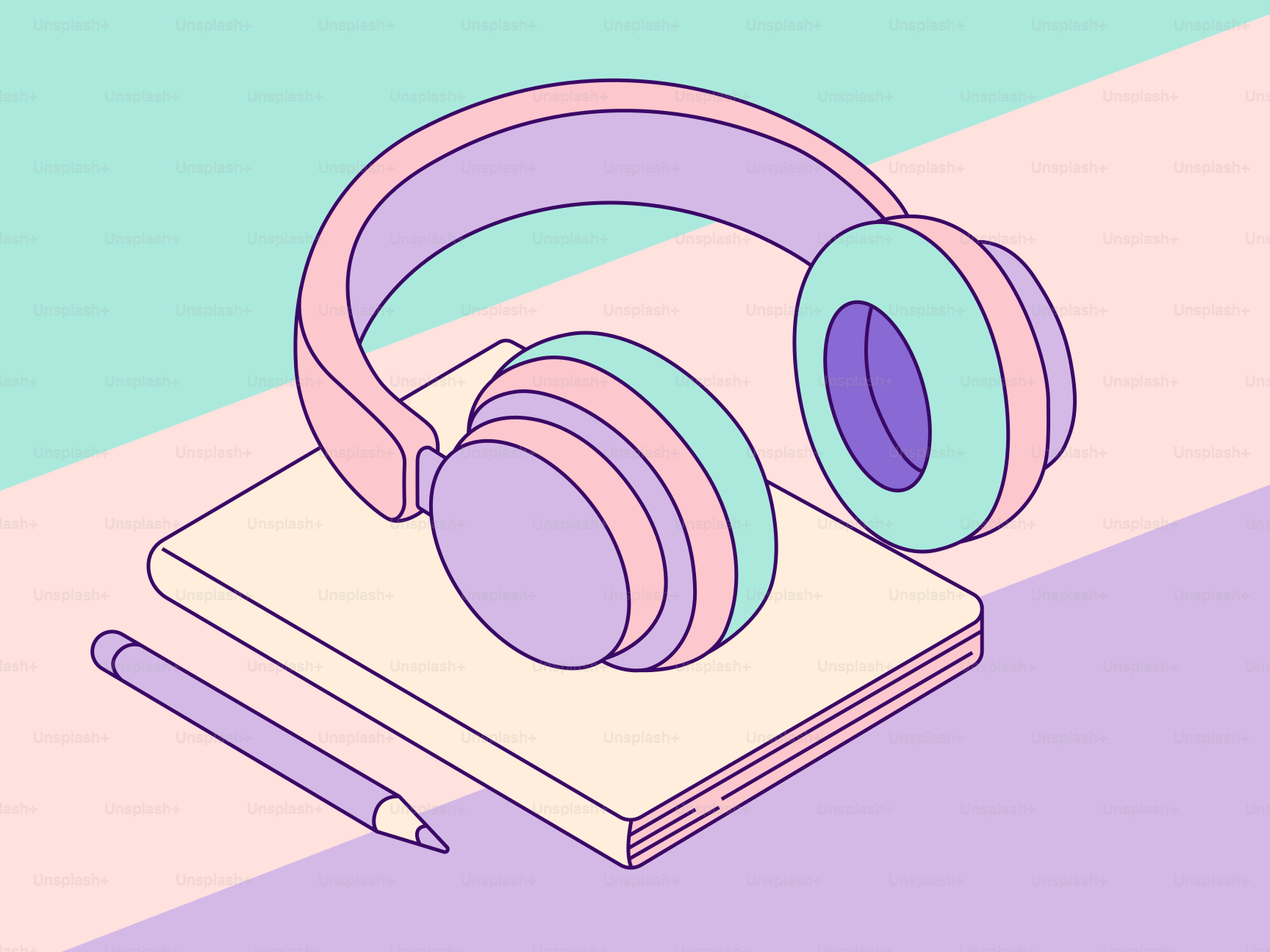 Pastellfarbene Kopfhörer liegen auf einem Notizbuch mit Bleistift.