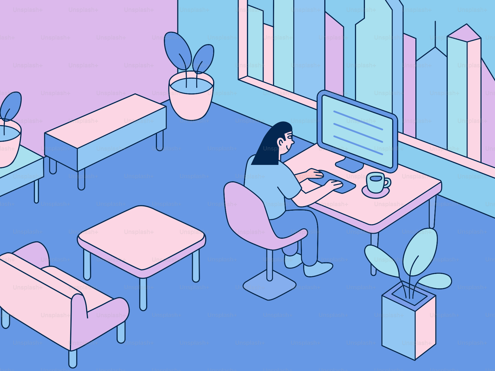 Frau, die in einem modernen Büro am Computer arbeitet.