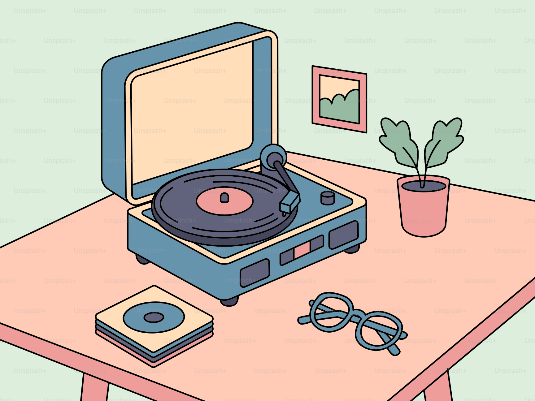 Plattenspieler mit Schallplatte, Brille und Pflanze auf dem Tisch.