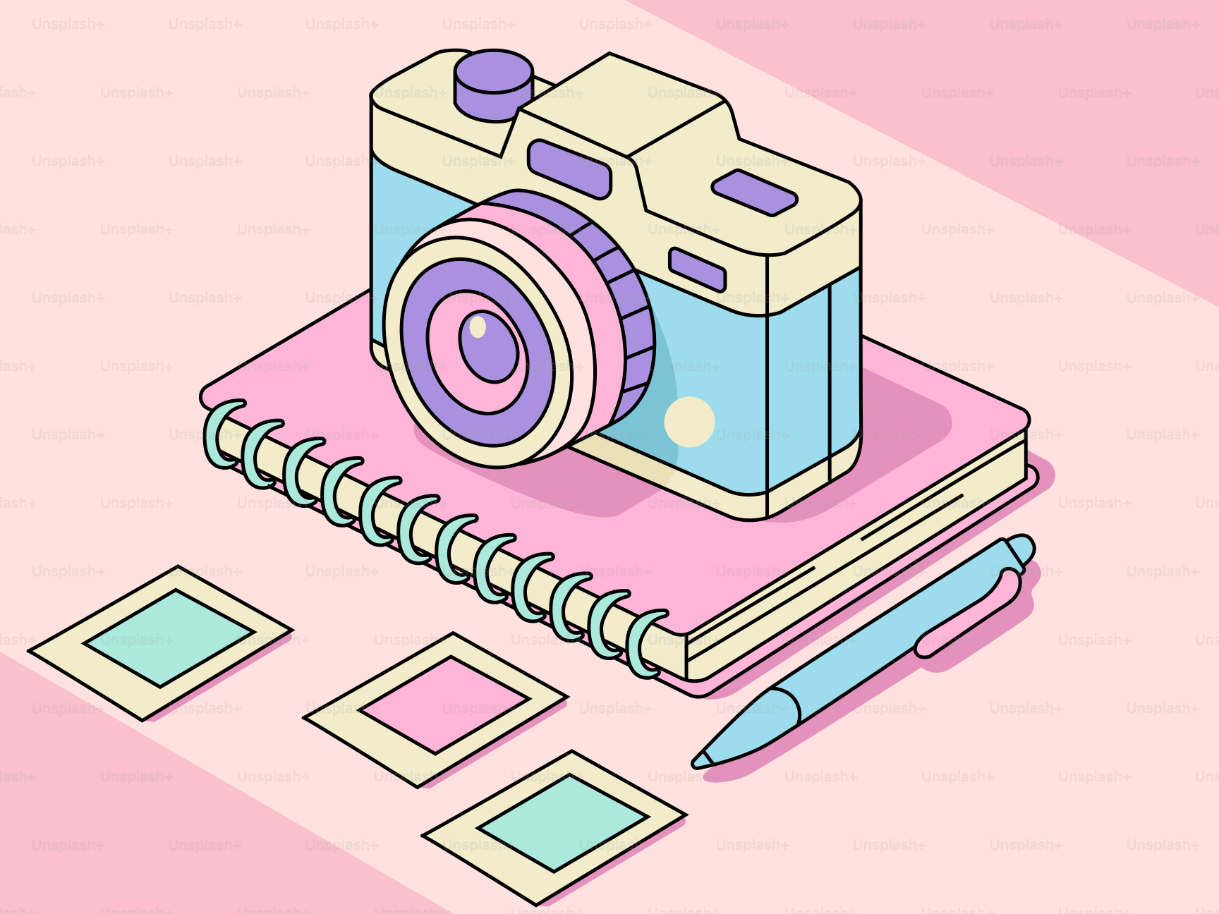 Retro camera on notebook with photos and pen