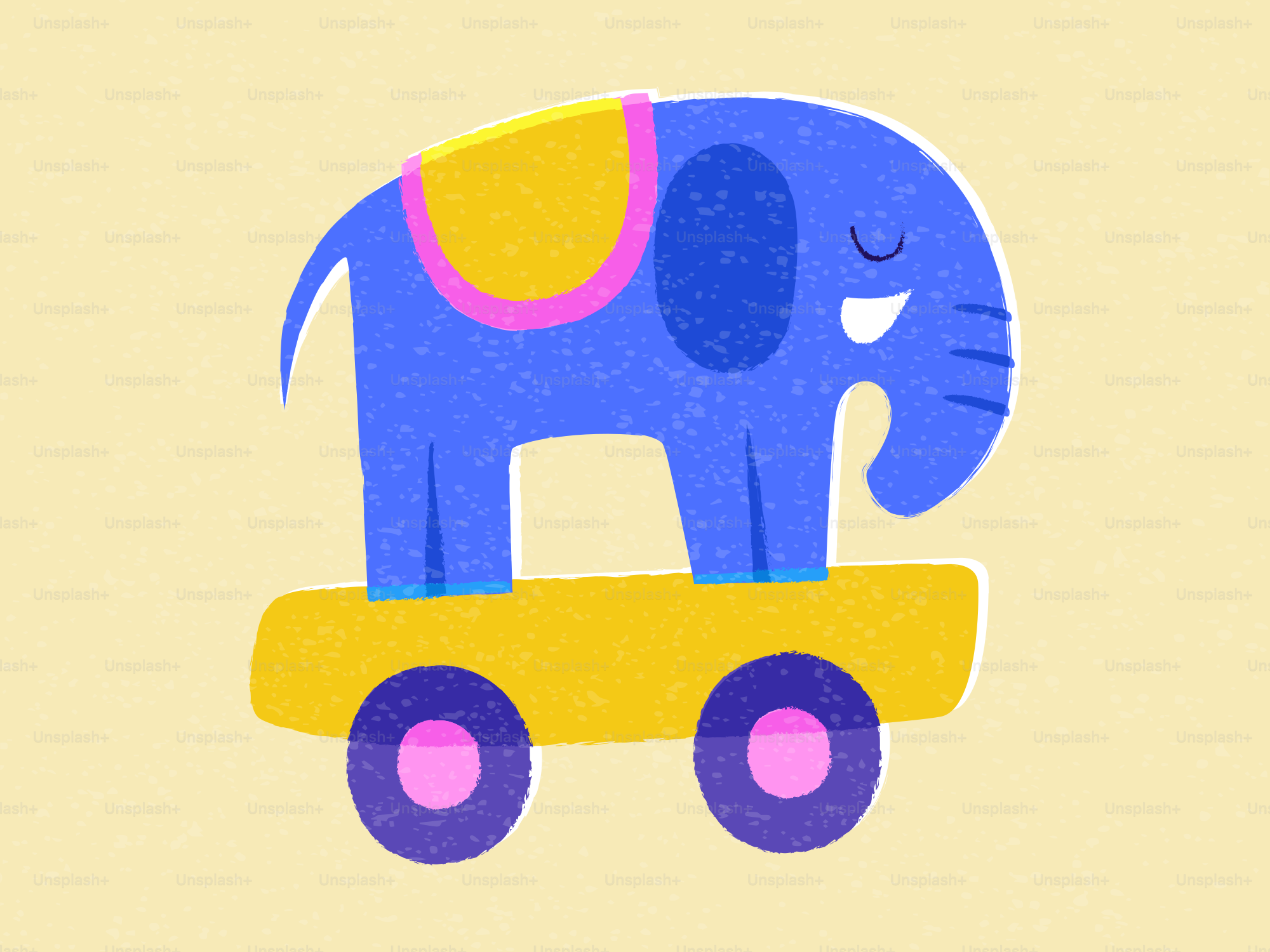 Un éléphant de dessin animé bleu monte sur un chariot de jouets jaune.
