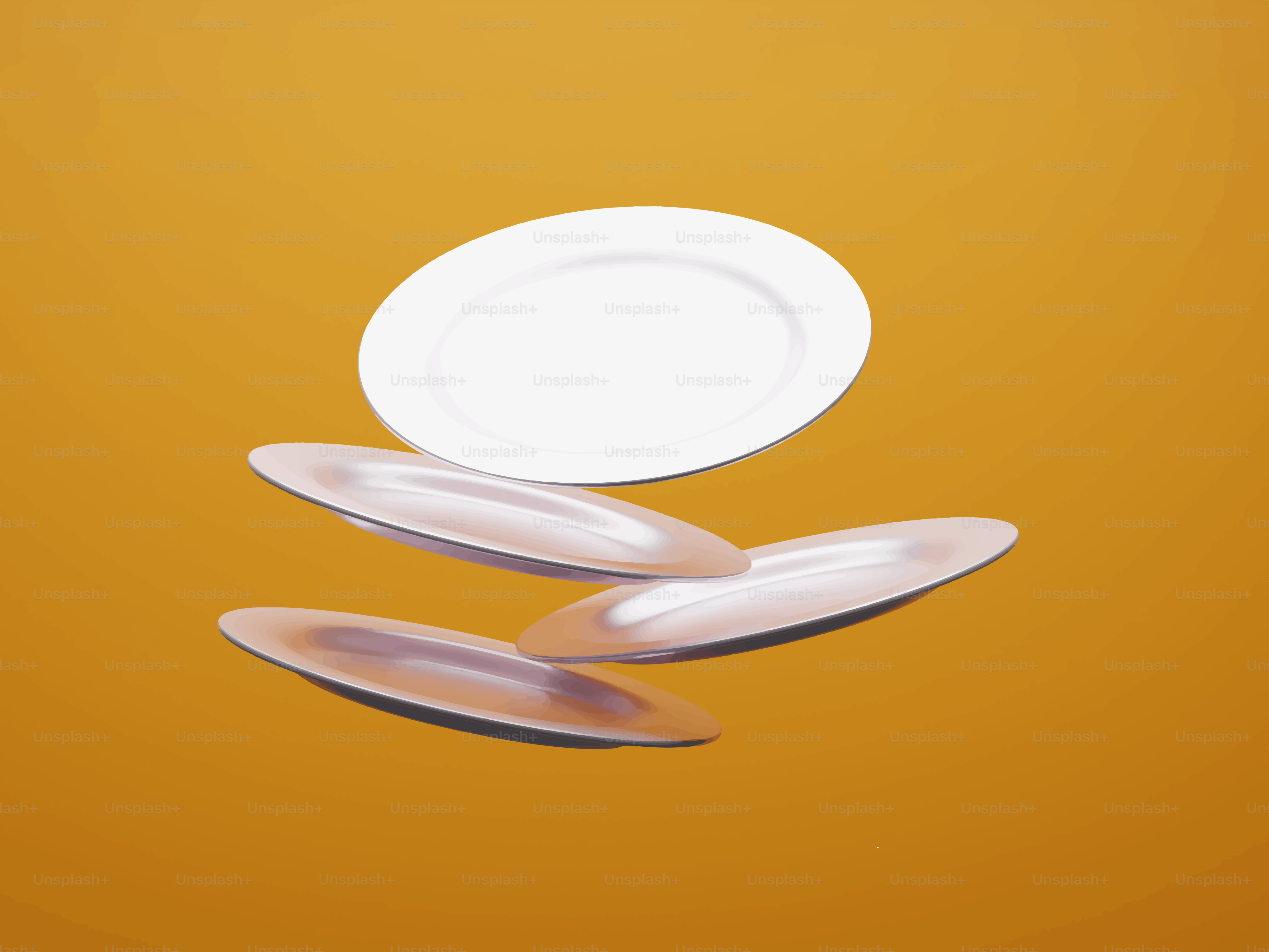 Plato blanco y tres platos ovalados sobre fondo naranja