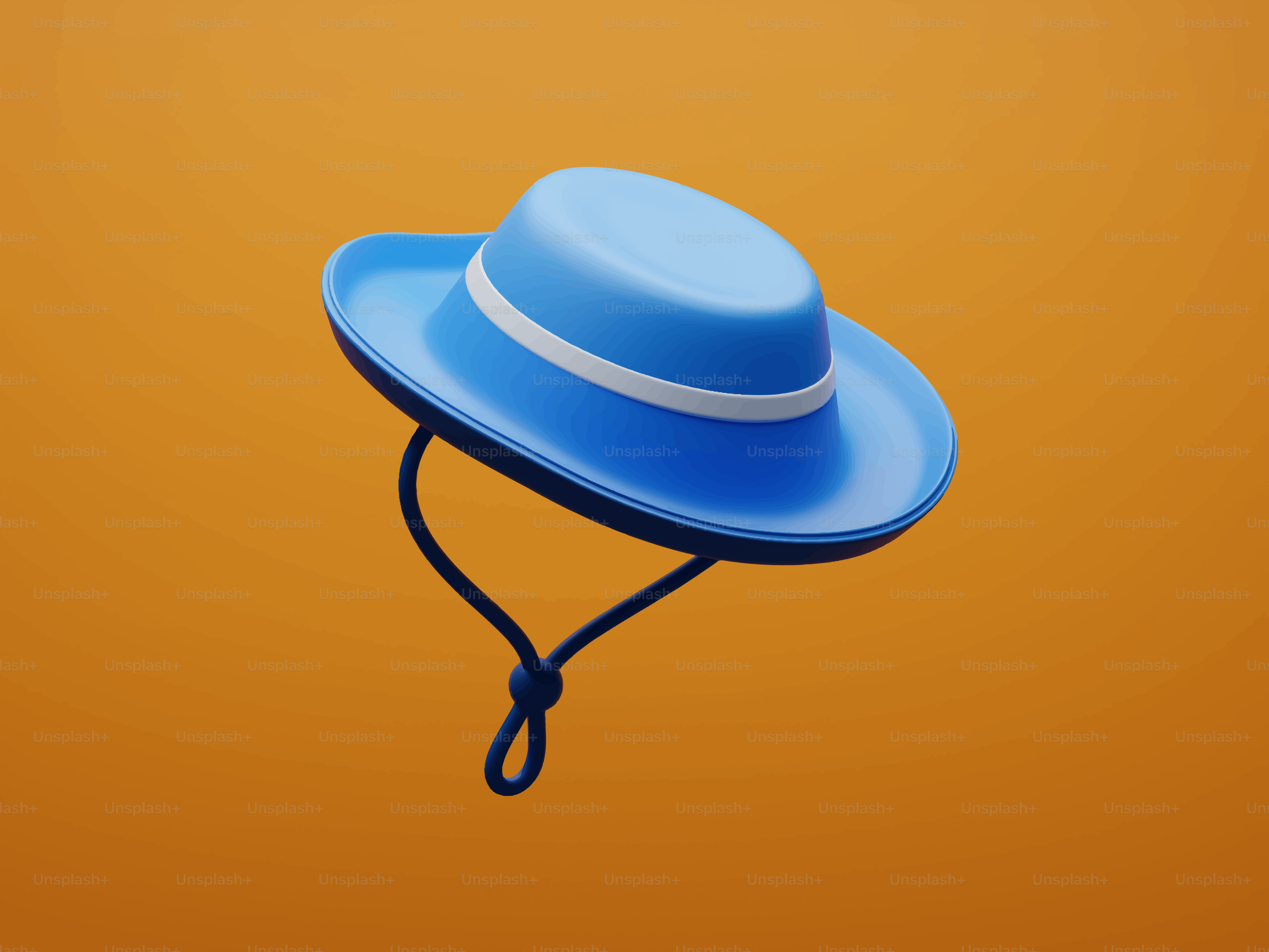주황색 배경에 턱끈이 달린 파란색 태양 모자