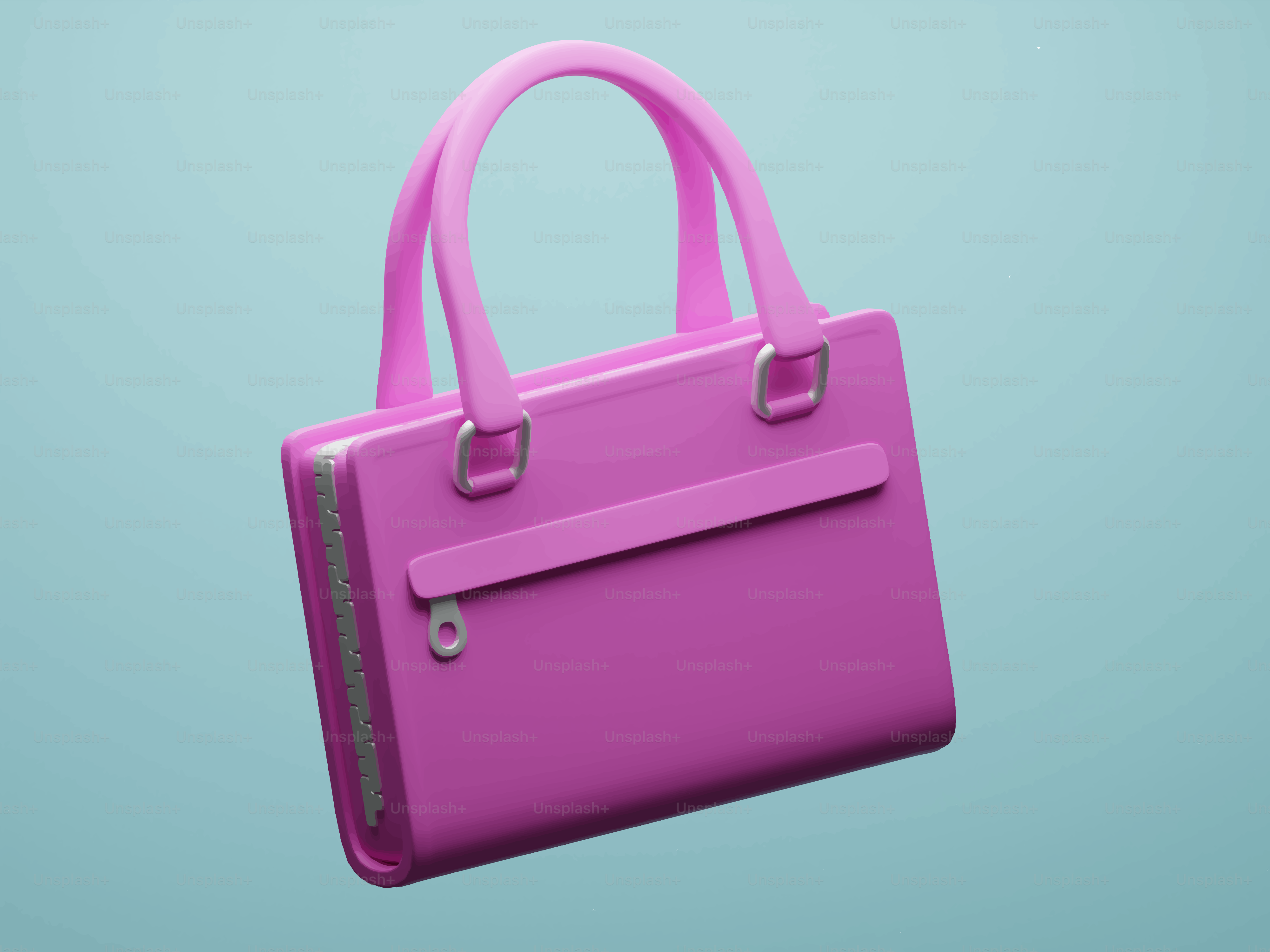 Eine leuchtend pinke Handtasche auf hellblauem Hintergrund.