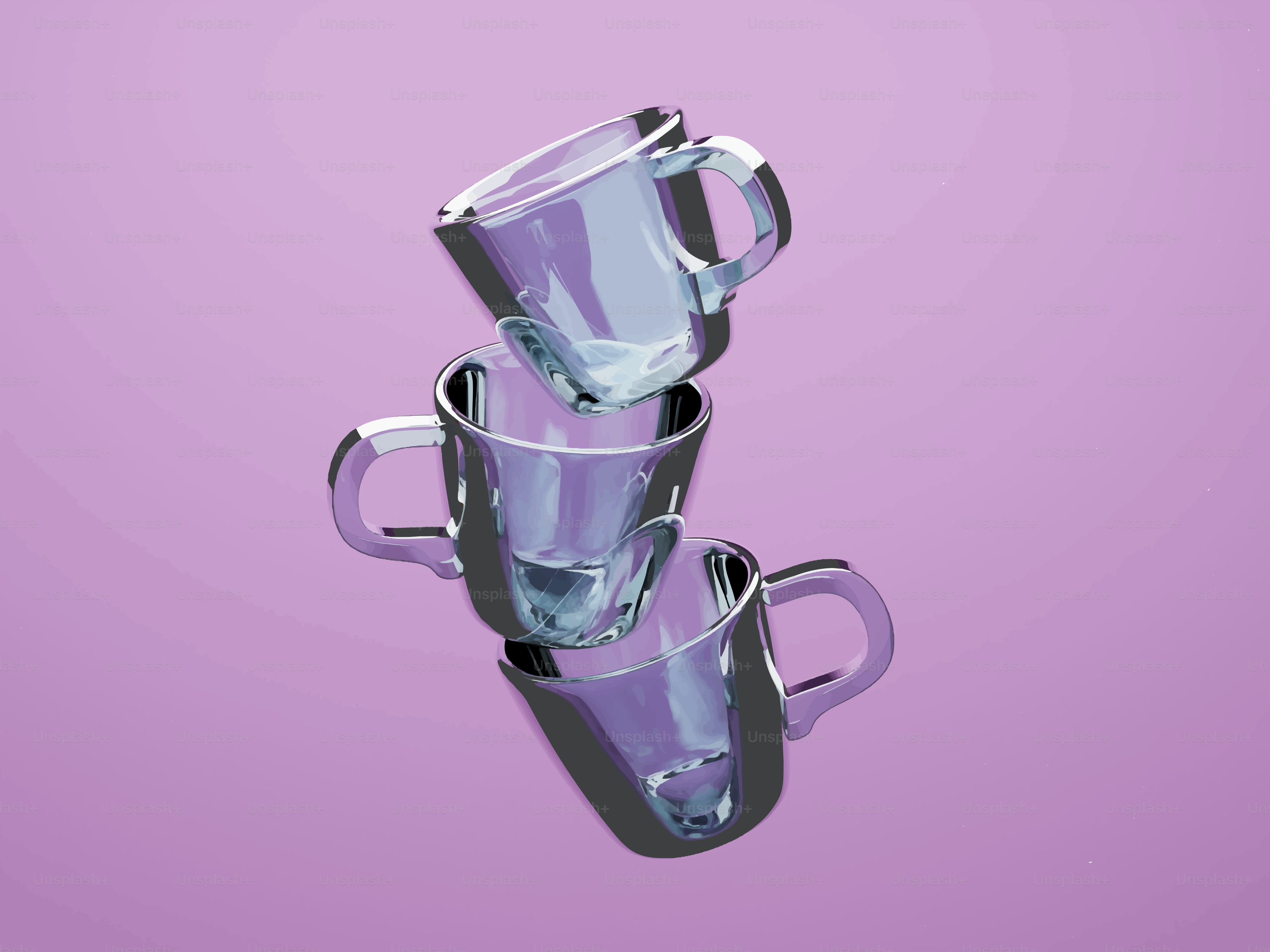Three clear glass cups stacked on purple background
