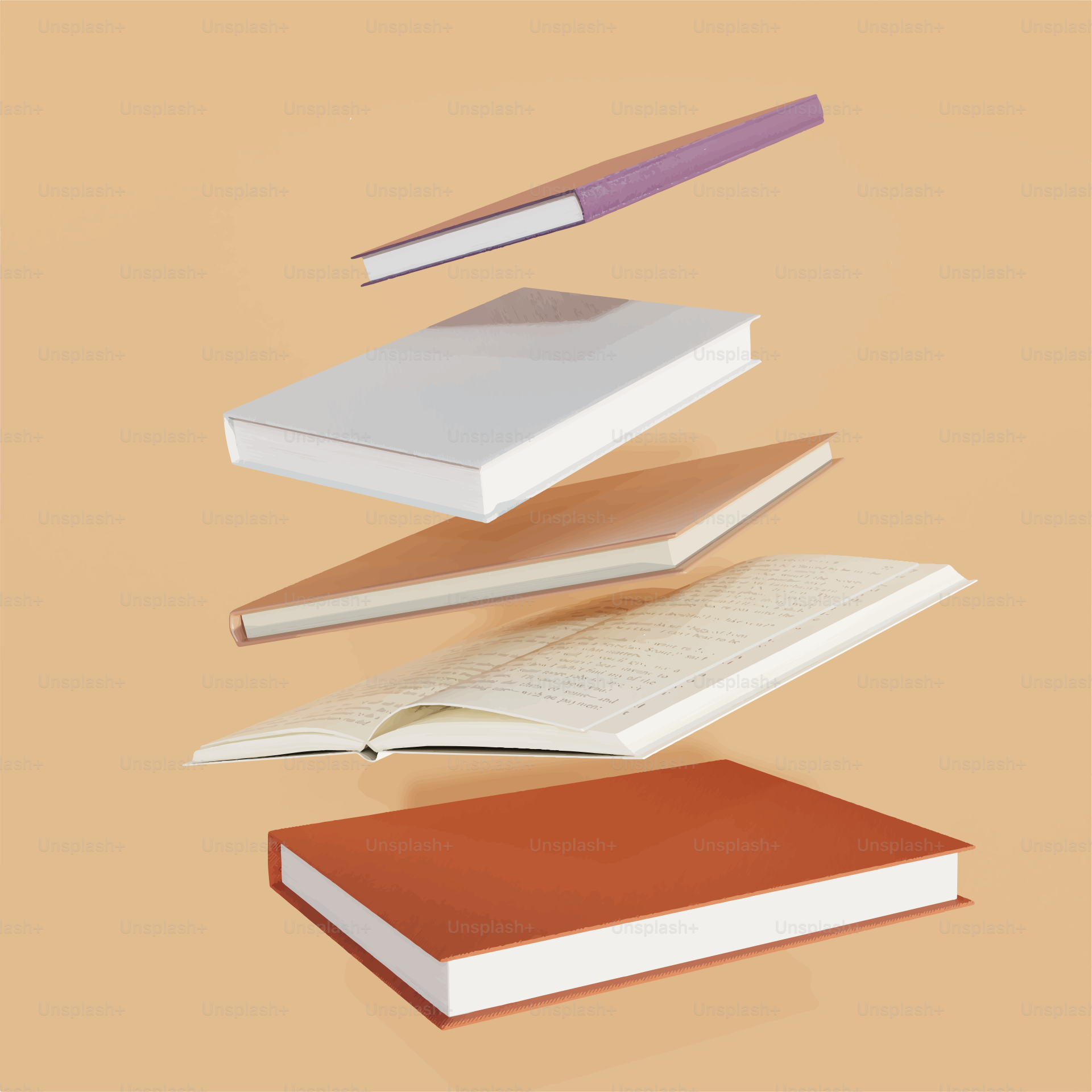 Several books floating in the air.