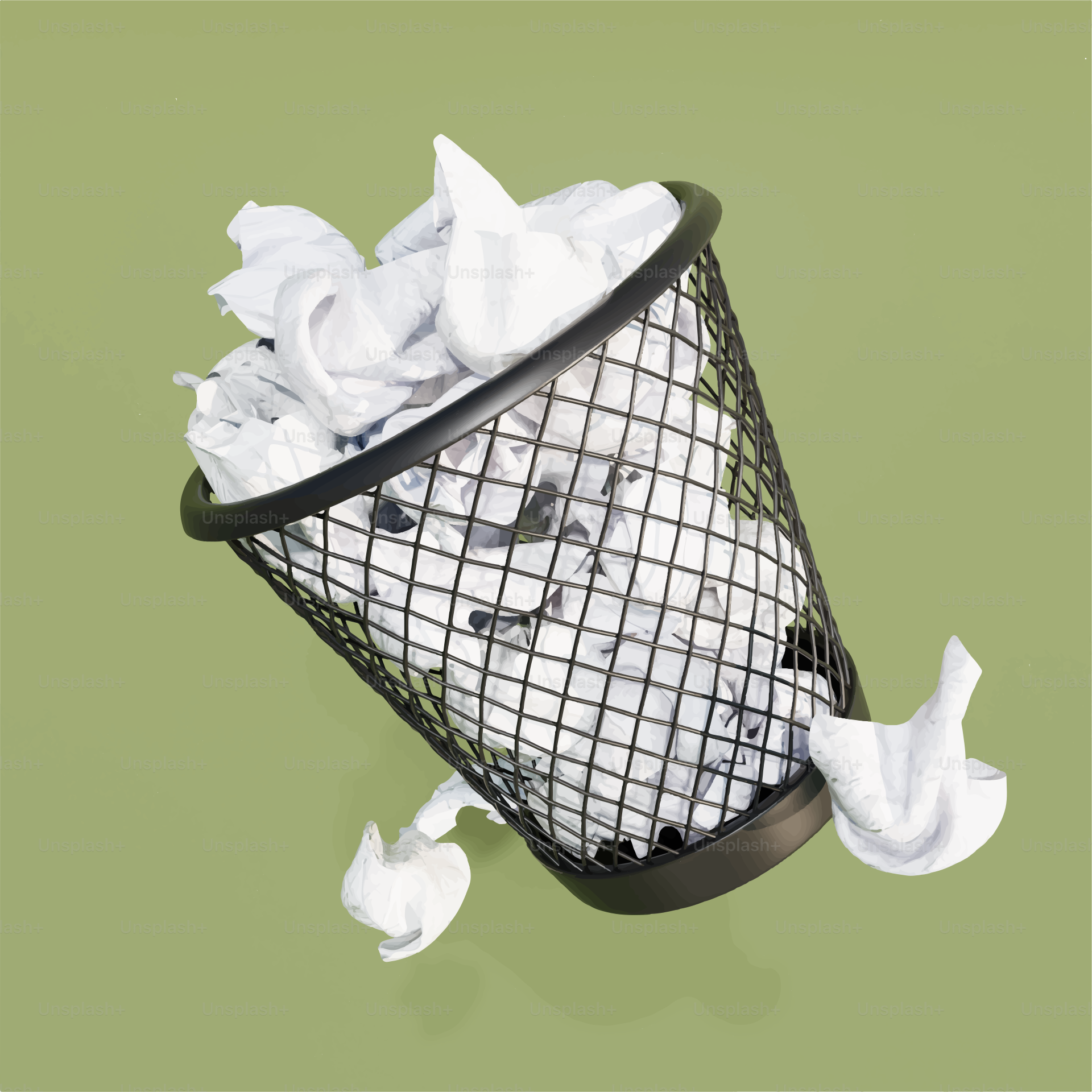 Black mesh trash can overflowing with crumpled paper